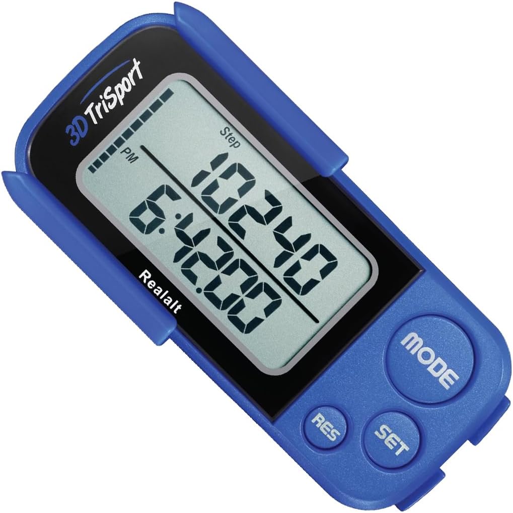 Realalt 3DTriSport 3D Walking Pedometer with Clip & Strap, Accurate Step Counter with 30-Day Memory, Distance in Miles/KM with Large Display Perfect for Seniors & Beginners, eBook Included