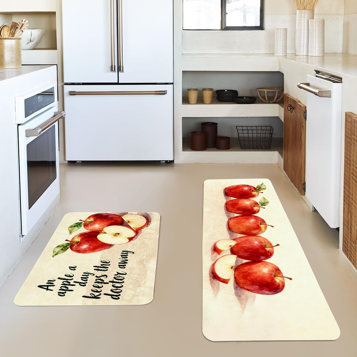 Red Apples Kitchen Rugs Set of 2 - Cotton Linen Blend Floor Mats(17.7''x29.5''+17.7''x47'') - Washable Non-Slip Kitchen Mats for Home Office Bedroom Bathroom Laundry