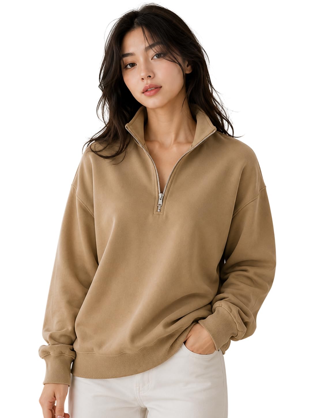 Women's Solid Oversized Sweatshirt | Mock Neck Quarter Zip Pullover | Full Sleeve Casual Winter Sweatshirt | Soft Fleece Regular Fit-image-14