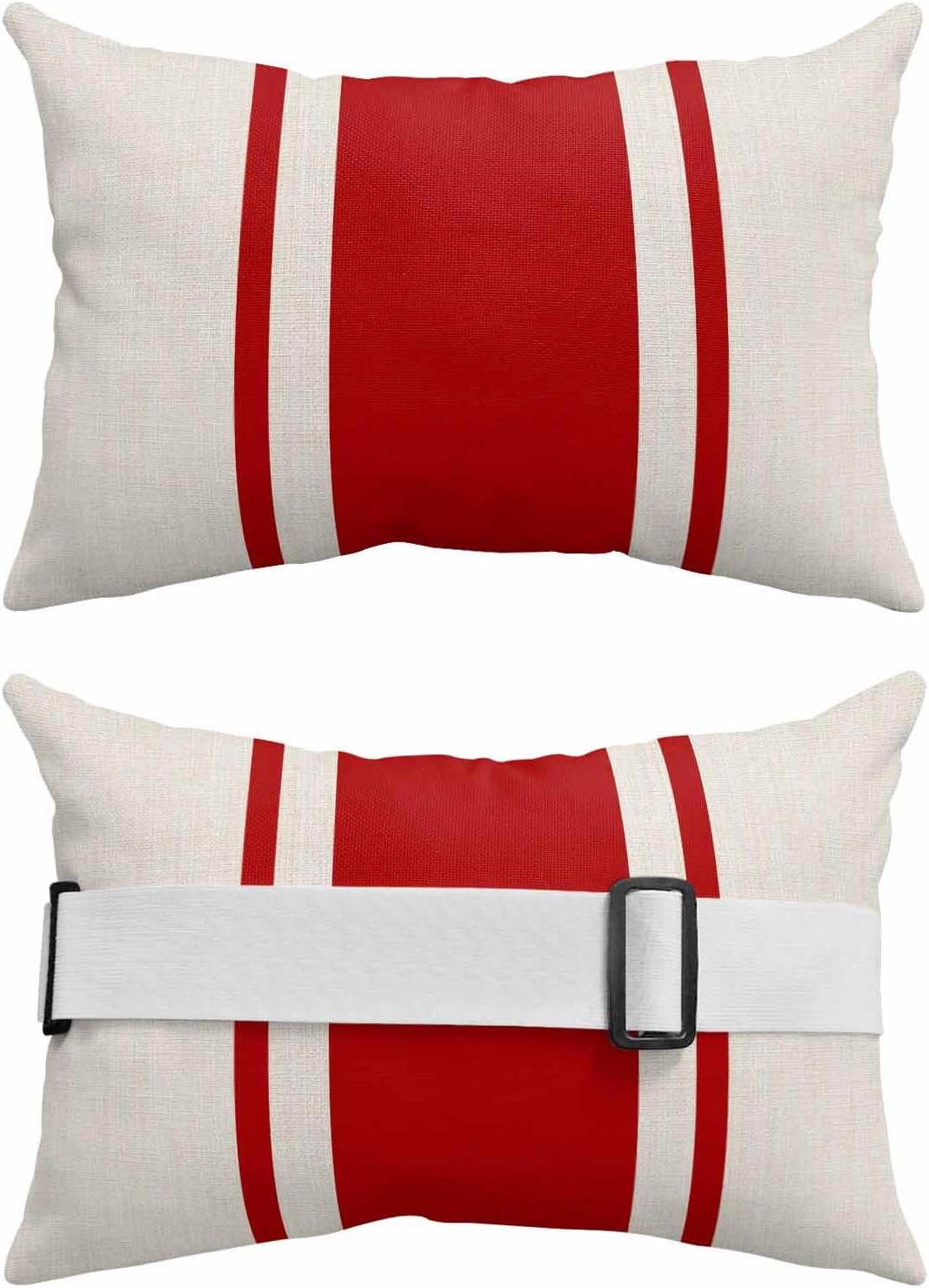 Outdoor Lumbar Pillows with Strap & Insert Red Stripe Lines Recliner Head Pillow Pack of 2 Linen Striped Waterproof Headrest Patio Lounge Chair Pillows for Beach Pool Office Chaise Chair 11x16 Inch
