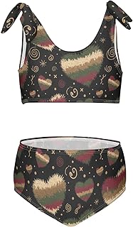 Conjunto de bikini de 2 piezas para niña, diseño de corazón peludo y colorido, color negro, con correa ajustable
