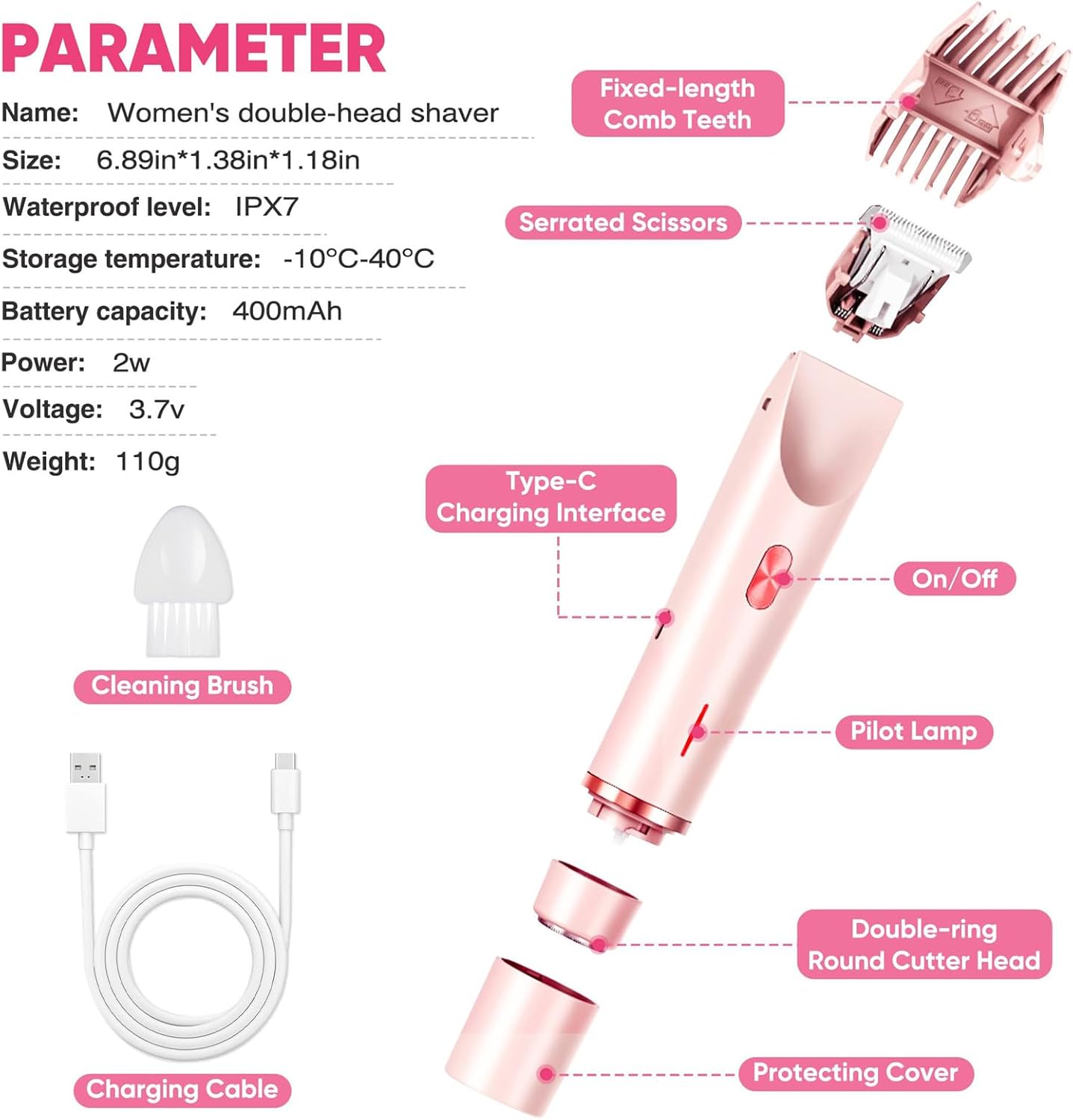 2025 Glow Aura Womens Shaver, 2-in-1 Women's Body Shaver, Dual Head Bikini Electric Razor for Women, IPX67 Waterproof Wet & Dry Use Body Hair Trimmer (Pink)