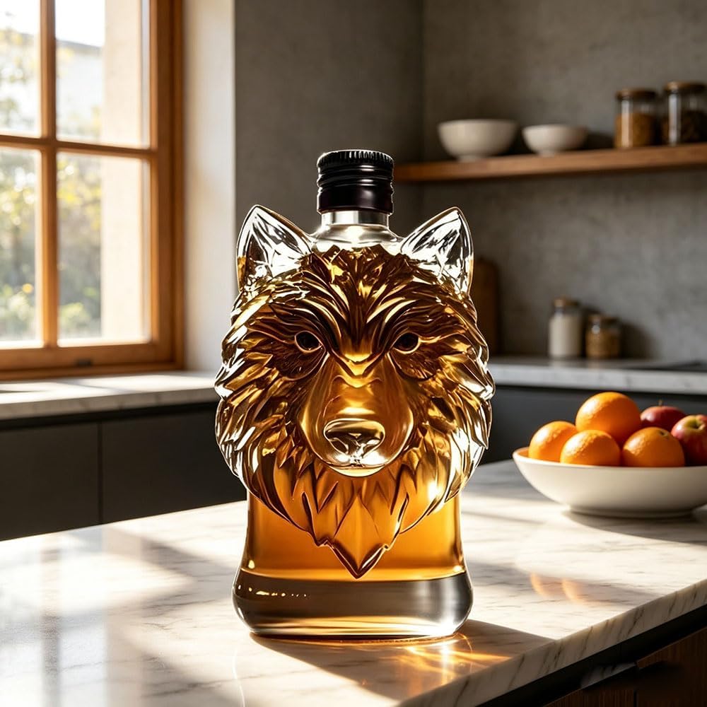 Whiskey Animal Decanter Glass Bottle, 350ml Unique Animal Wolf Statue Liquor Dispenser for Men Dad Husband, Bar Decor for Special Occasions Whiskey Lovers