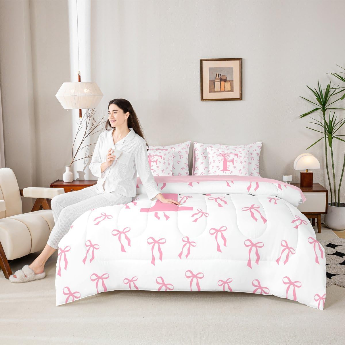 Erosebridal Initial Letter A-Z Princess Bedding Set Twin Dreamy Monogram F Bow Comforter Set 7 Piece Coquette Letter Bows Bed in a Bag Watercolor Aesthetic Bowknot Quilt with Flat Fitted Sheet