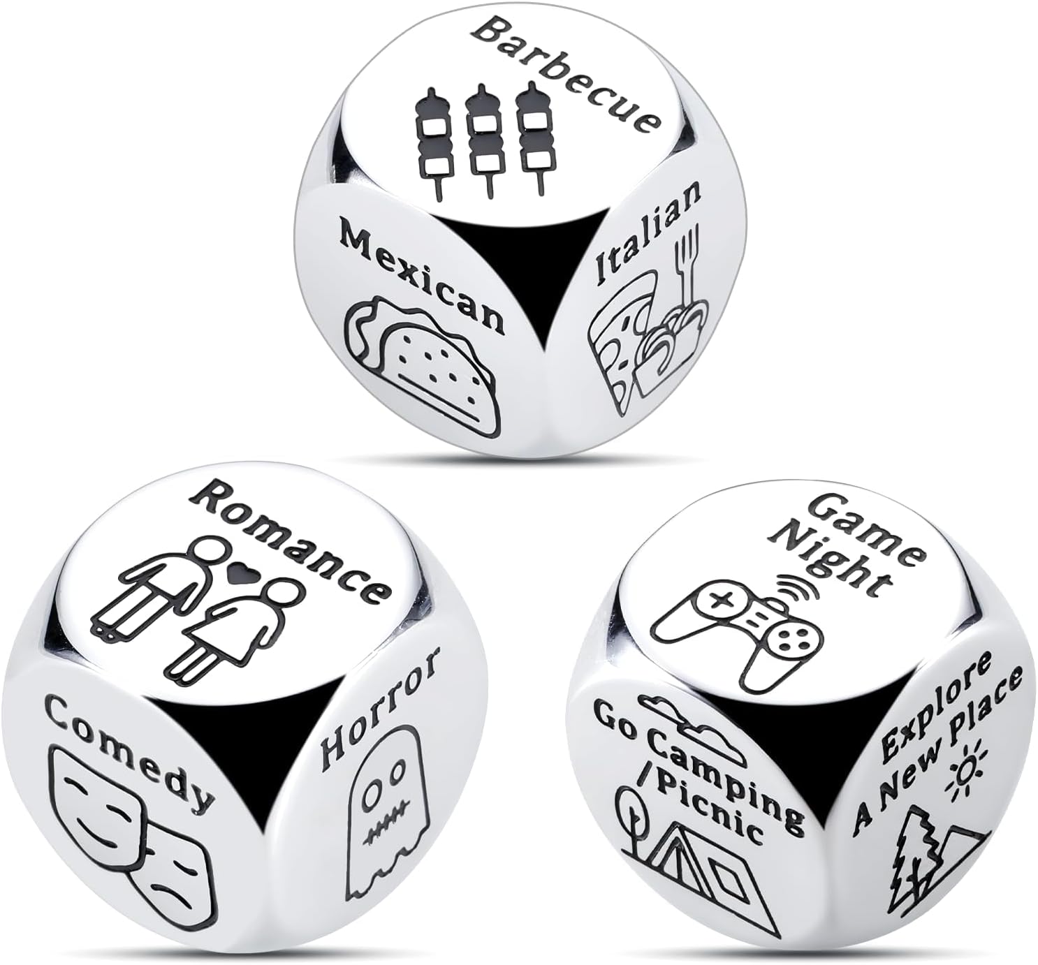 Couples Dice, Steel Gifts for Him and Her, Couple Gifts for Boyfriend, Girlfriend, Husband, and Wife, Food Decider for Date Night, Ideal for Valentine's Day, Halloween, Christmas, and Birthday, 3 PCS