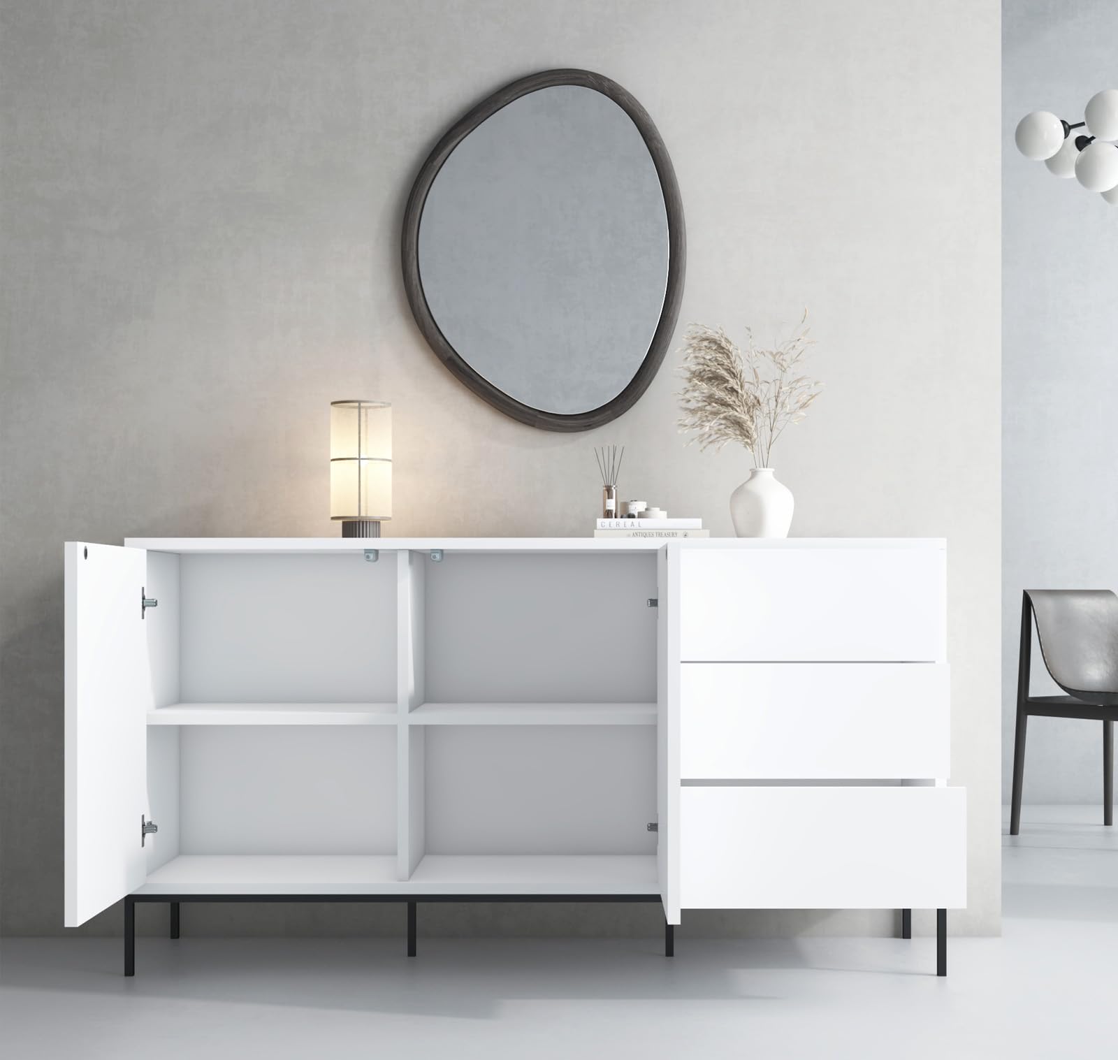 MB Muebles Bonitos | Aparador Serena para Salón Moderno | con Cajones y Patas Altas para Robot Aspirador | Color Blanco | 150x80x41 cm