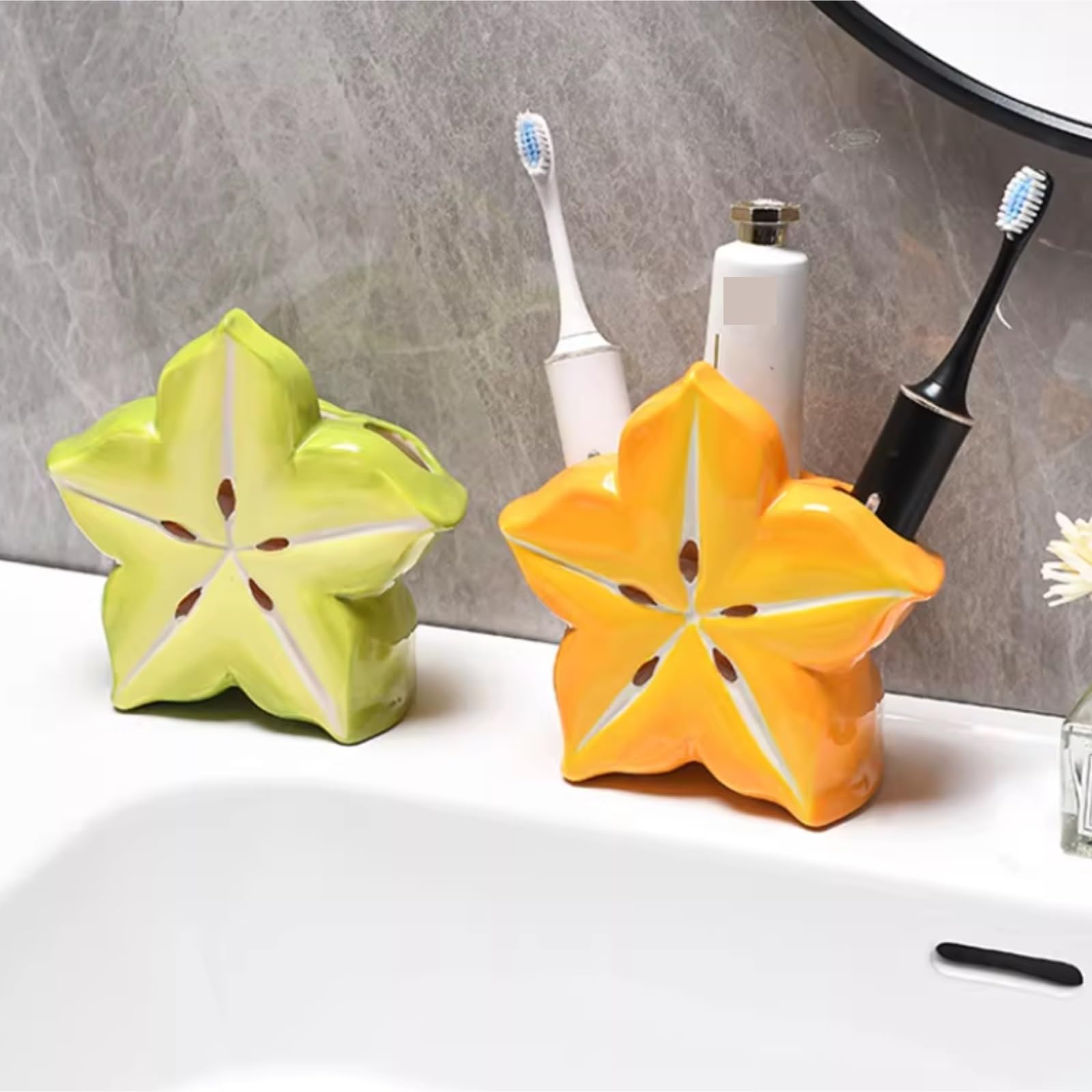 Portacepillos De Dientes para Baño Y Ducha Soportes De Pasta Dientes For Cepillos con Forma Carambola Cerámica, Organizadores Almacenamiento For Baño(Grün)
