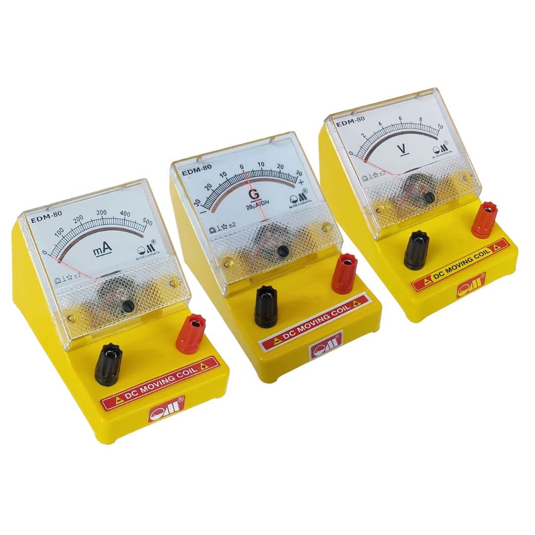 Om Meters Combo Pack of 3 Analog Moving Coil DC Meters 30-0-30 Galvanometer + 10V Voltmeter + 500mA Ammeter Lab Desk Stand type (Yellow)