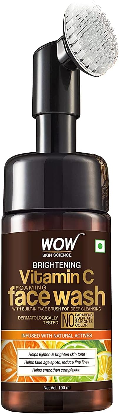 WOW Skin Science Vitamin C Exfoliating Face Wash With Brush, Soft, Silicones Bristles, Foaming Cleanser For All Skin Type, Hydrate For Smooth Skin, Helps Remove Blackheads, Reduce Acne Breakout, 100ml