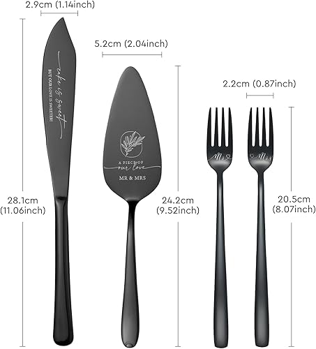 Miniatura 6 de AW BRIDAL I Do and ME Too - Juego de cortar pastel de boda con tenedores, cuchillo negro grabado para tartas y juego de servir, regalo de compromiso