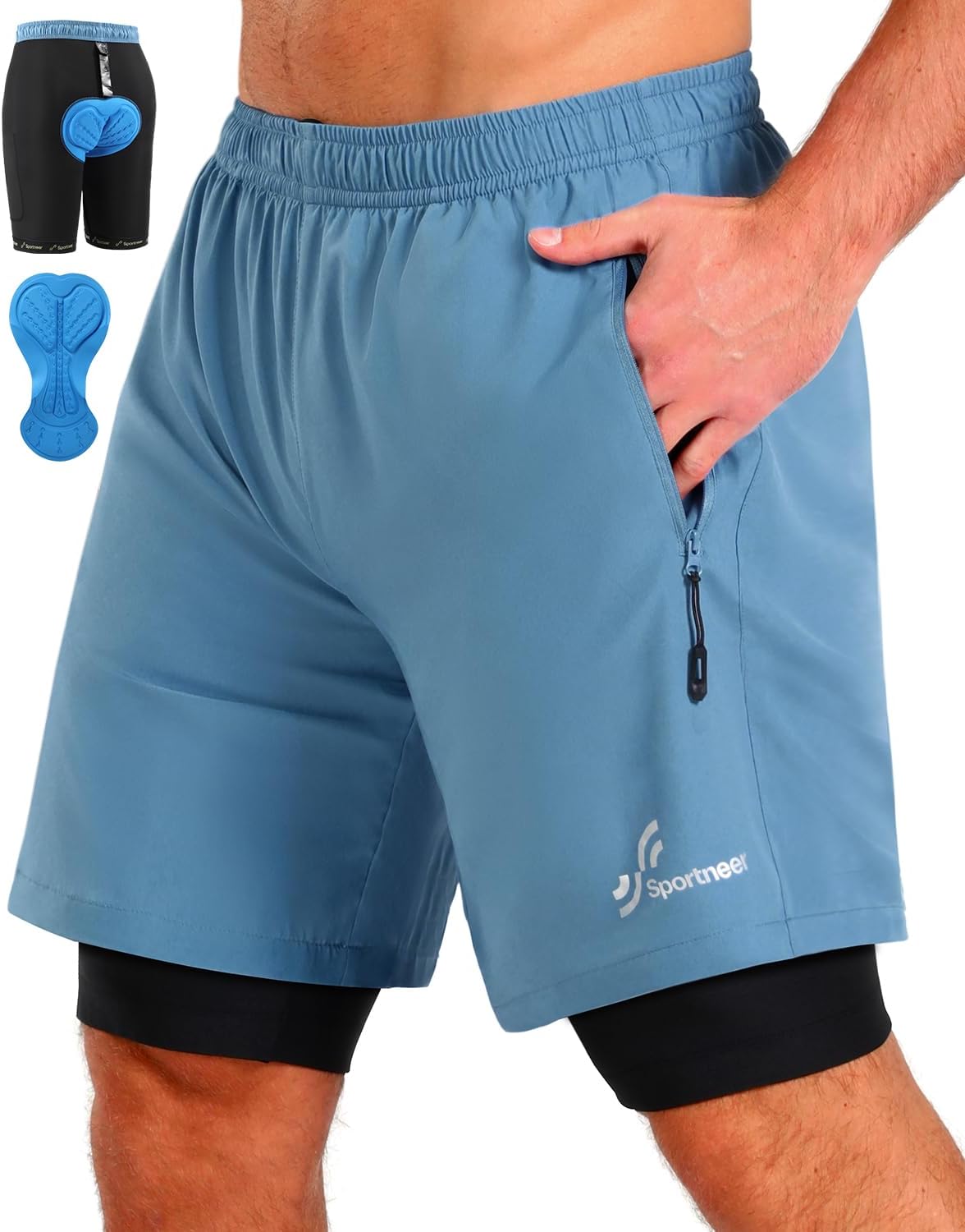 Sportneer Bike Shorts for Men - 3D Padded Lightweight MTB Fit Riding Biking Bicycle Biker Shorts with Zipper Pockets