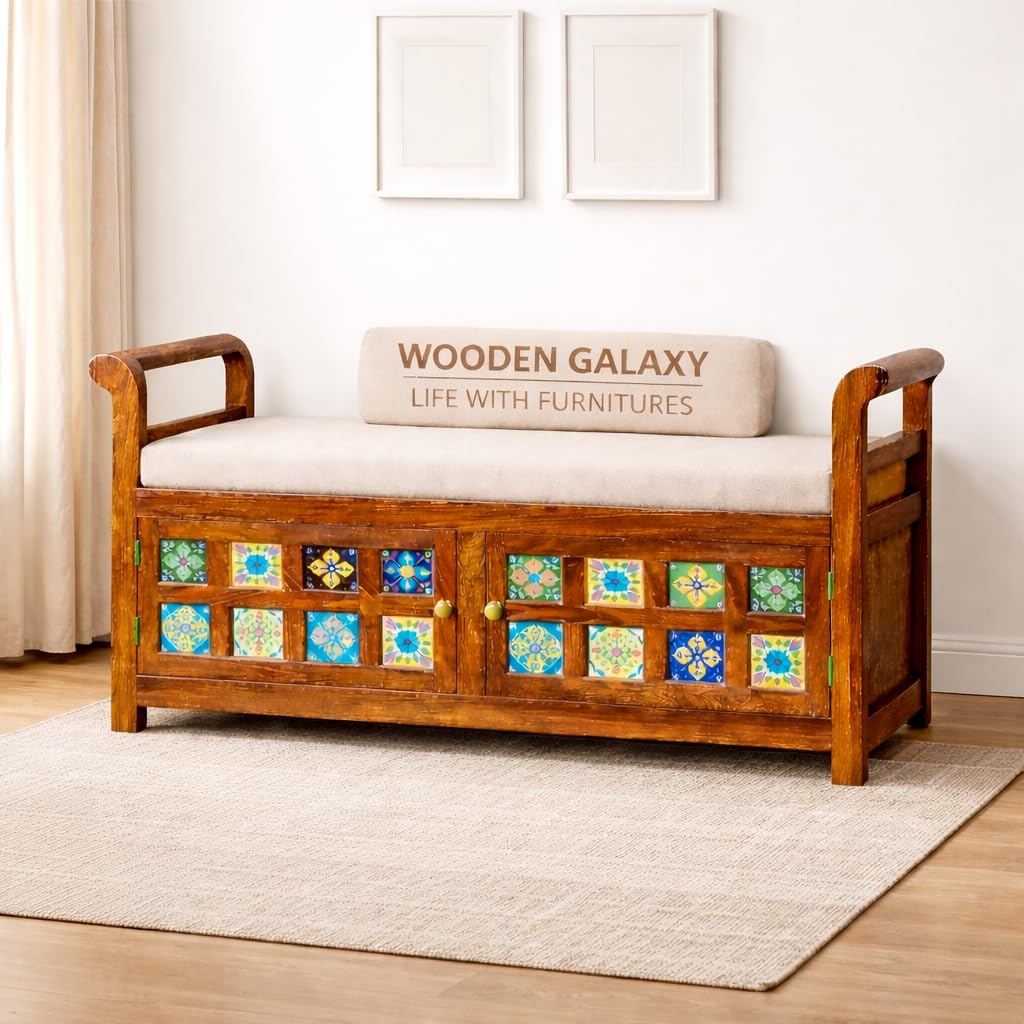 WOODEN GALAXY LIFE WITH FURNITURES Solid Wood 2 Seater Storage Bench with Ceramic Tile Design, Honey Brown Finish, 120 x 45 x 63 cm (DESINE 01)-image-49