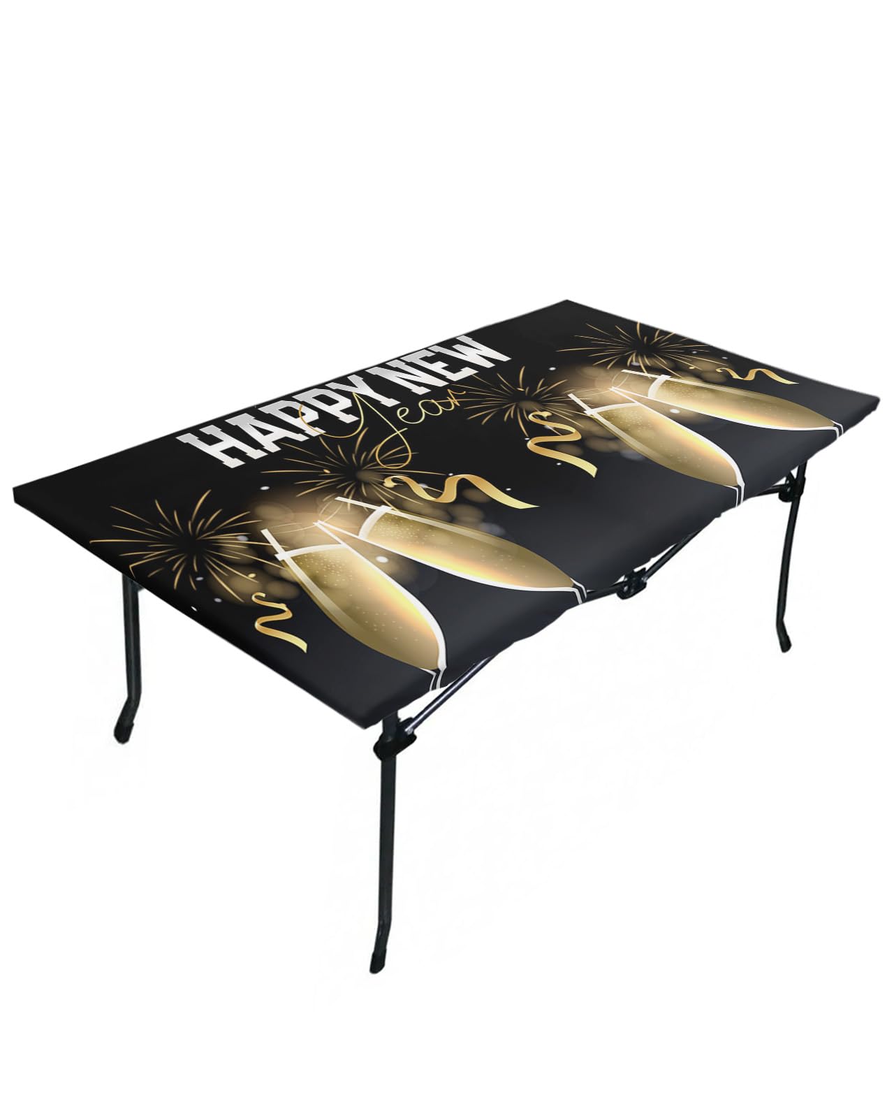Happy New Year Fitted Table Covers for 4 Foot Tables, Yellow Champagne Fireworks Ribbon Elastic Table Cover Rectangle 24