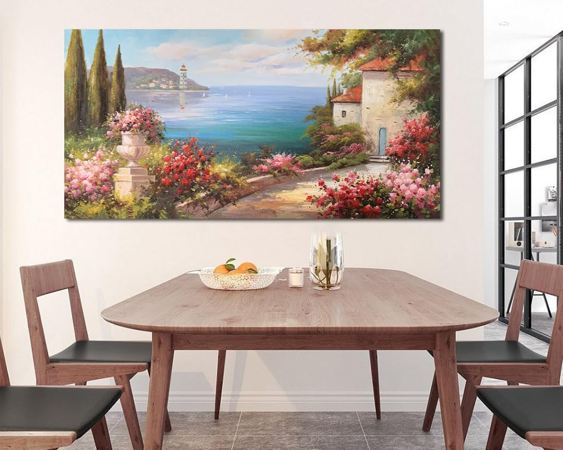 Arte de pared de paisaje mediterráneo, pintura de paisaje marino mediterráneo, árbol, flor rosa, azul, océano, paisaje moderno, obra de arte verde, gran marco para sala de estar, dormitorio, baño, decoración de pared en casa, oficina, 48 x 24 pulgadas 6