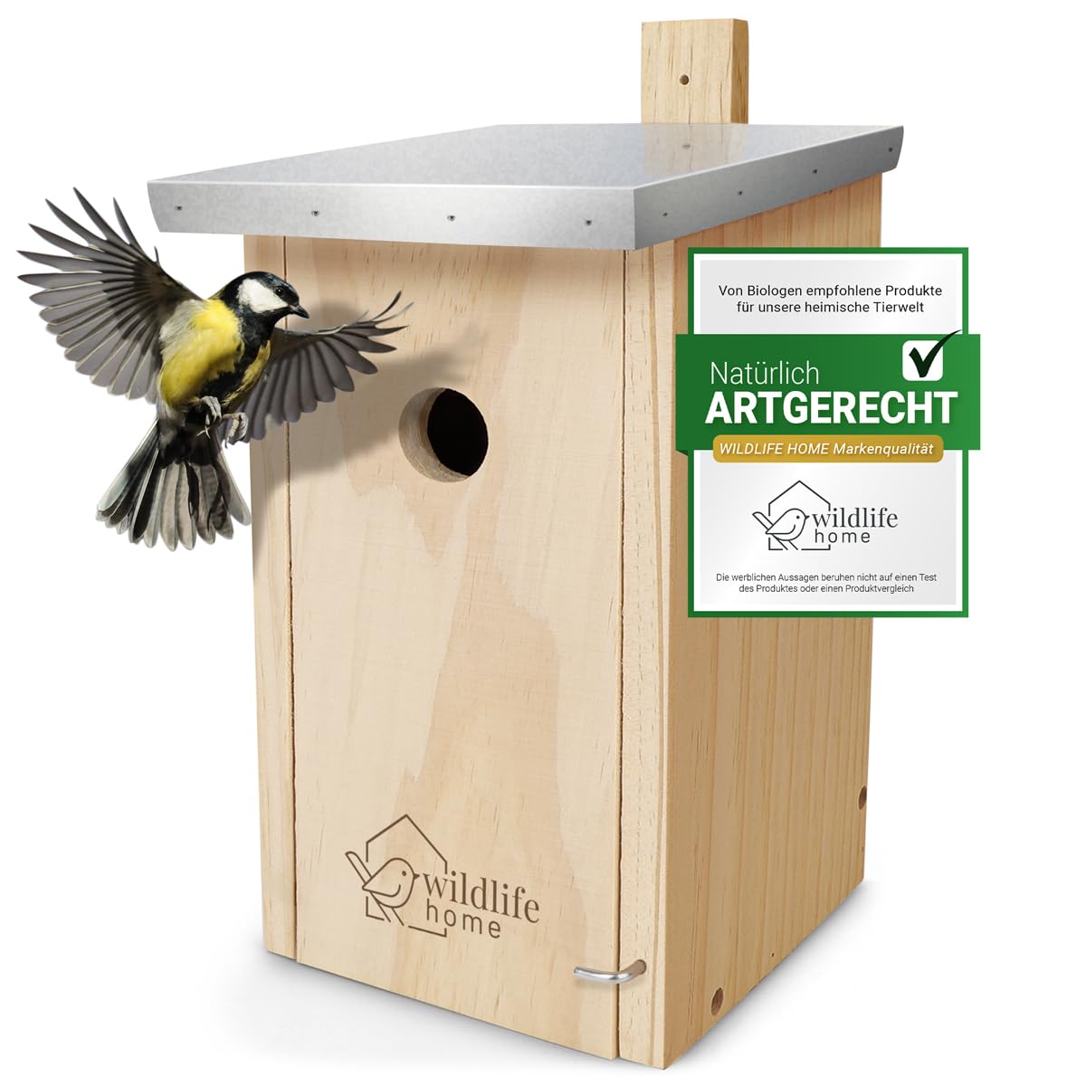WILDLIFE HOME Nistkasten Meisen mit Metalldach für Kohlmeisen & Co. I nach NABU aus verschraubtem Massiv-Holz I Wetterfest & Unbehandelt I Vogelhaus zum Aufhängen