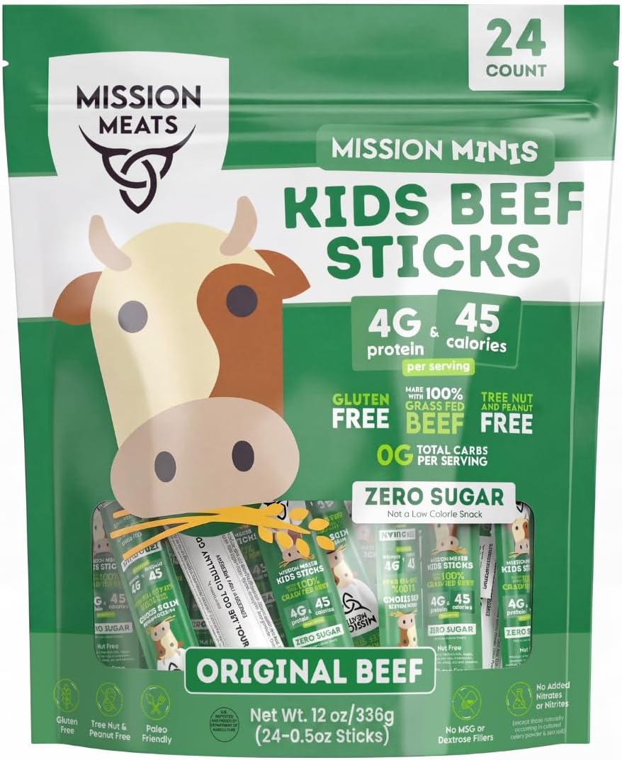 Mission Meats Kids Beef Sticks, 100% Grass Fed, Healthy Snacks for Kids, Zero Sugar, 4g Protein, 45 Calories Gluten & Nut Free, Individually Wrapped, Mini Sticks, 0.5oz (24ct Bag)