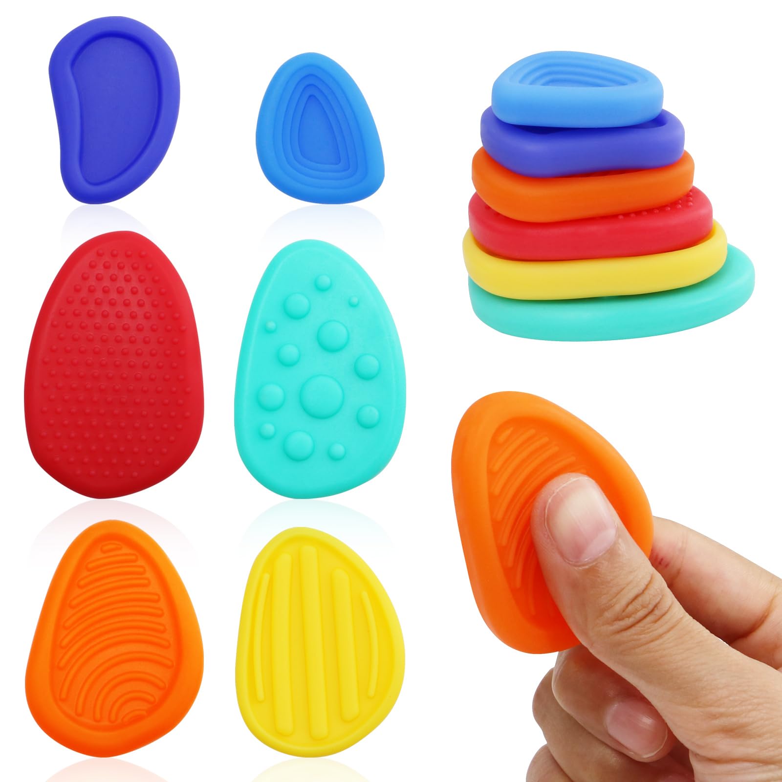 Sensory Fidget Stones - 6 Pack Textured Calming Toys for Anxiety Relief, Quiet Classroom Stress Toys for Kids with Autism, ADHD & Adults, Pocket Worry Stones