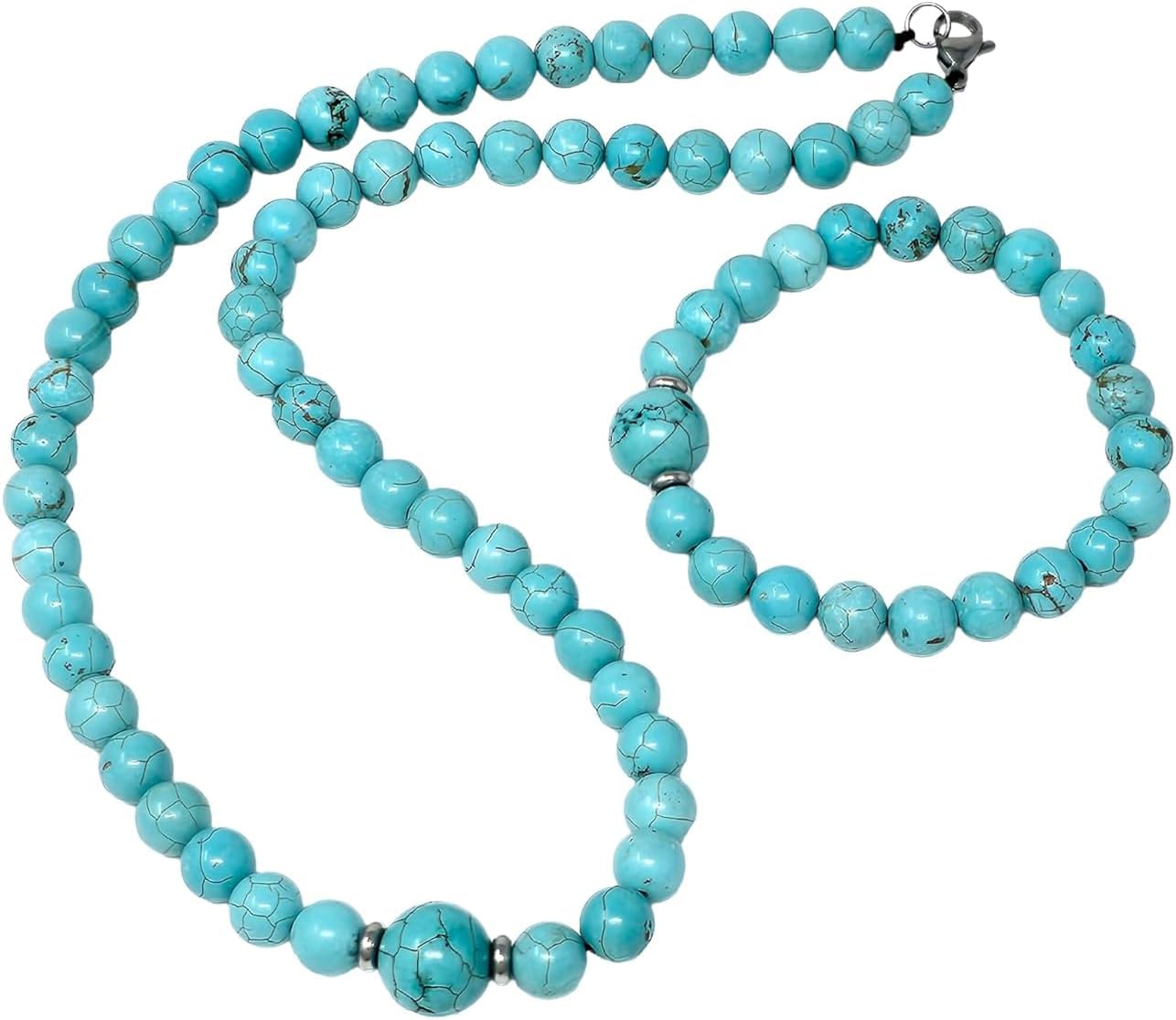 Handmade Natural Blue Turquoise Gemstone Beaded Necklace and Bracelet Set - Boho Chic Jewelry with 8-12mm Turquoise Beads for Women