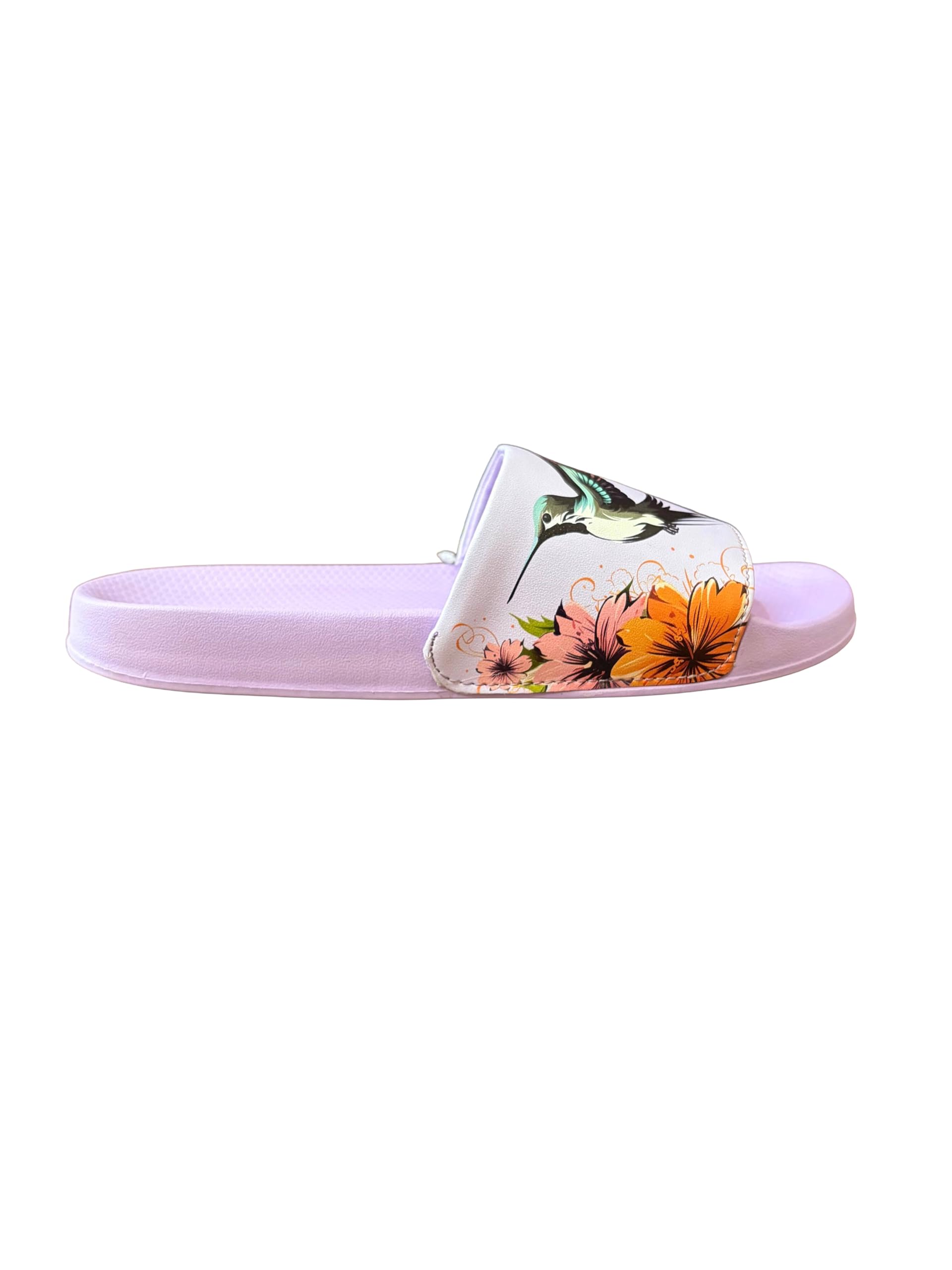 Women's Hummingbird Print Slides, Purple Comfort Slippers, Casual Beach Sandals with Textured Sole-image-35