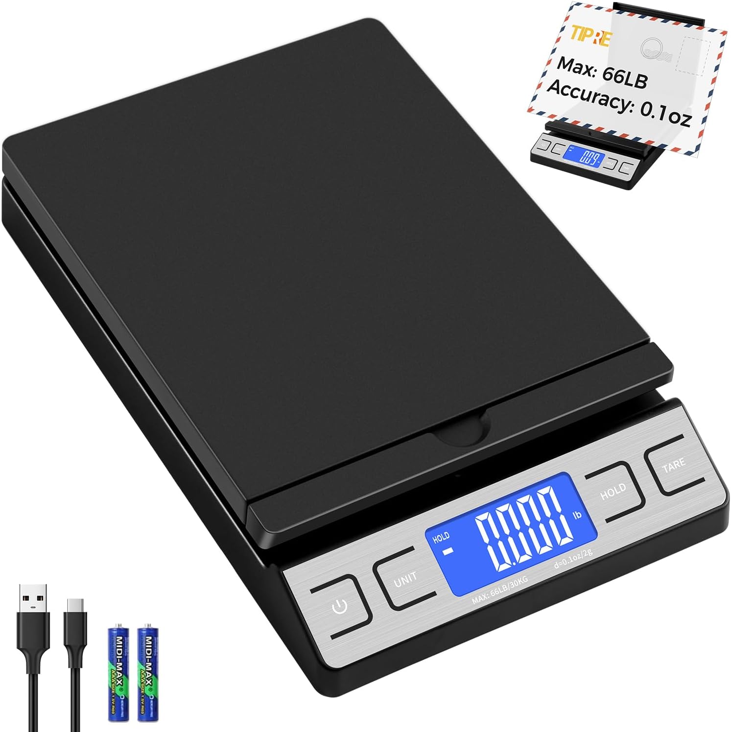 TIPRE Digital Shipping Postal Scale, Mail Scale with Envelope Flip Holder, 86lb/0.1oz Postage Scale for Package, Small Business, Post Office, Hold&Tare Function, Battery&Type-C Charging Cable - Black