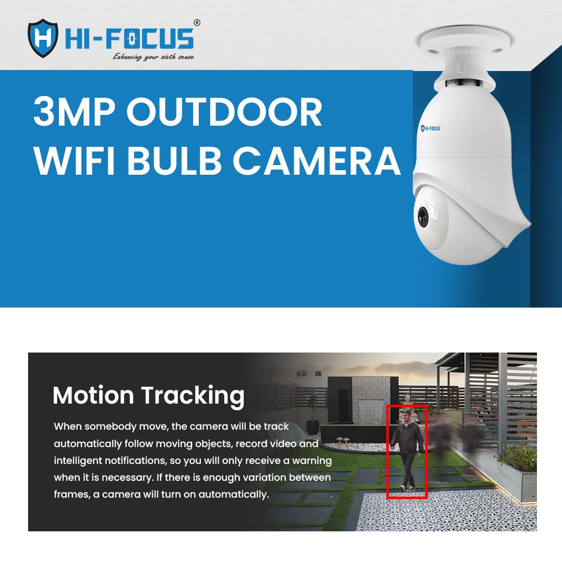 HIFOCUS Cámara de bombilla WiFi PT de 3 MP para exteriores, fácil instalación en soporte, luz dual inteligente, audio bidireccional, conexión inalámbrica, cámara de seguridad panorámica e inclinable