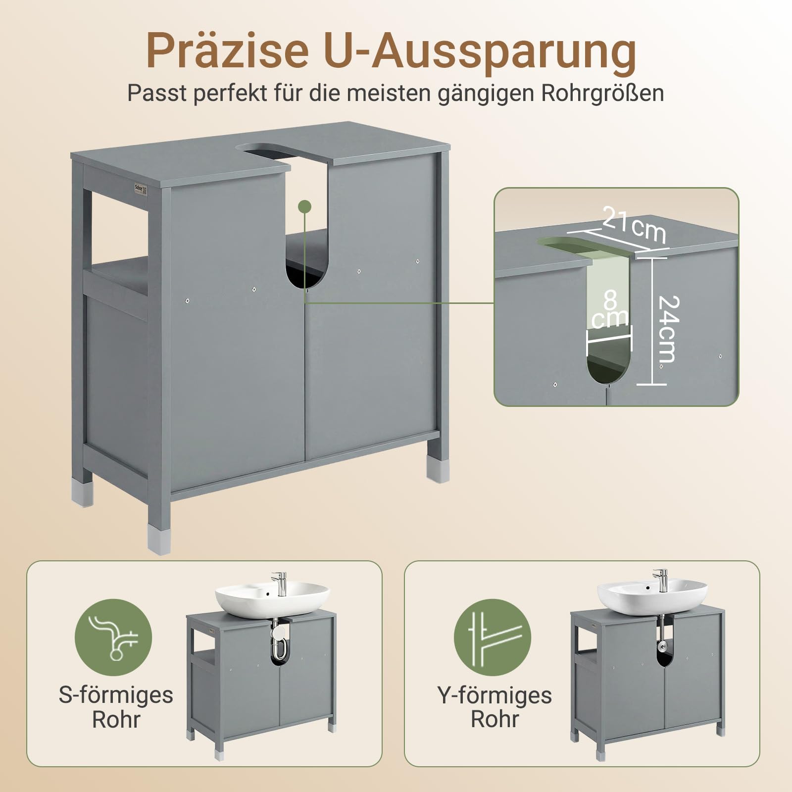 SoBuy Waschbeckenunterschrank Badezimmerschrank - Badschrank mit Fußpolster, Unterschrank Waschbecken - Kommode für Badezimmer, Badmöbel, Stahlgrau, 60x61x30 cm, FRG128-SG