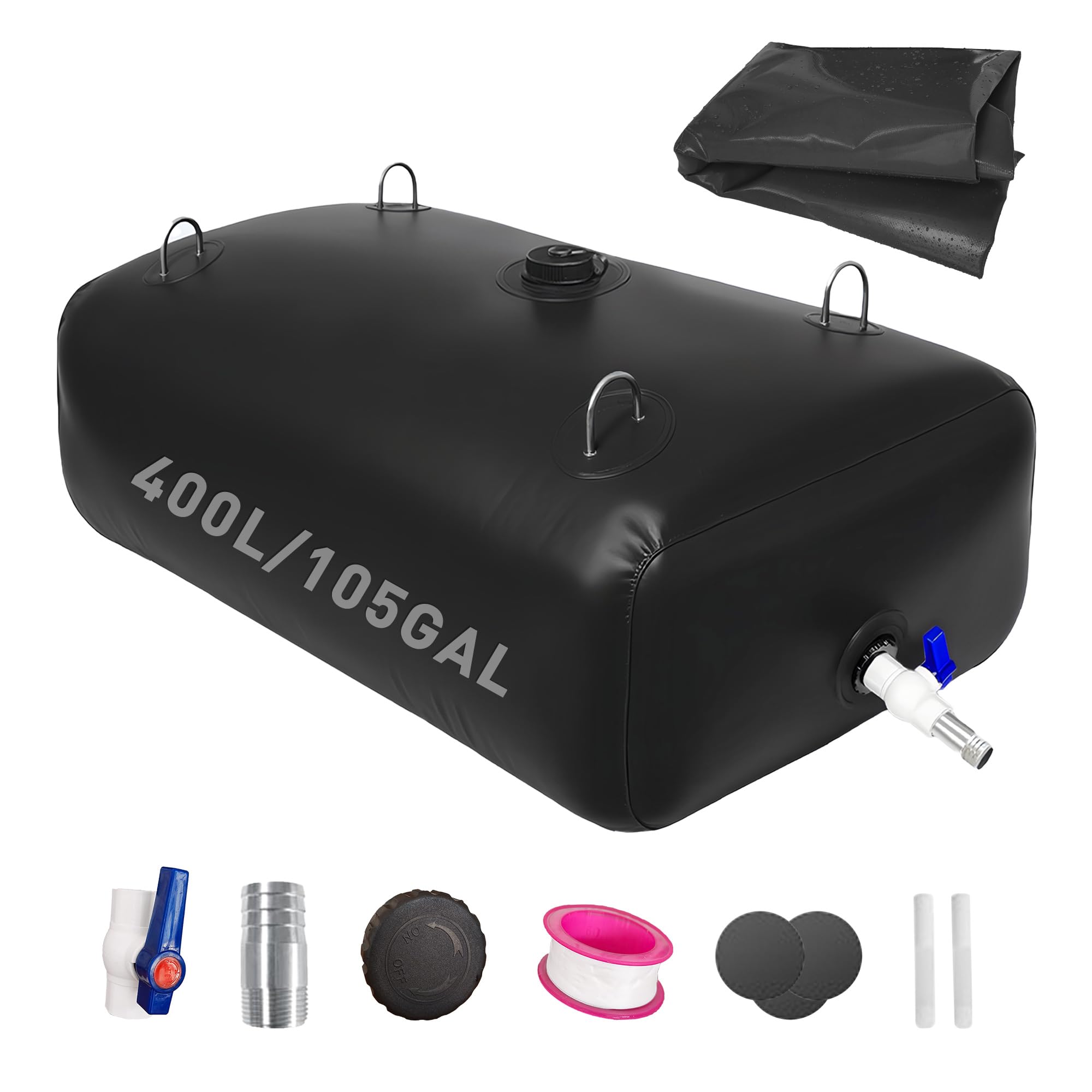 Water Storage Bladder, 400L/105Gal Portable Car Water Bladder Tank, Large RV Water Storage Container with 3/4 Inch Faucet and Overflow Kit for Camping, Off-Grid, Long Distance Travel