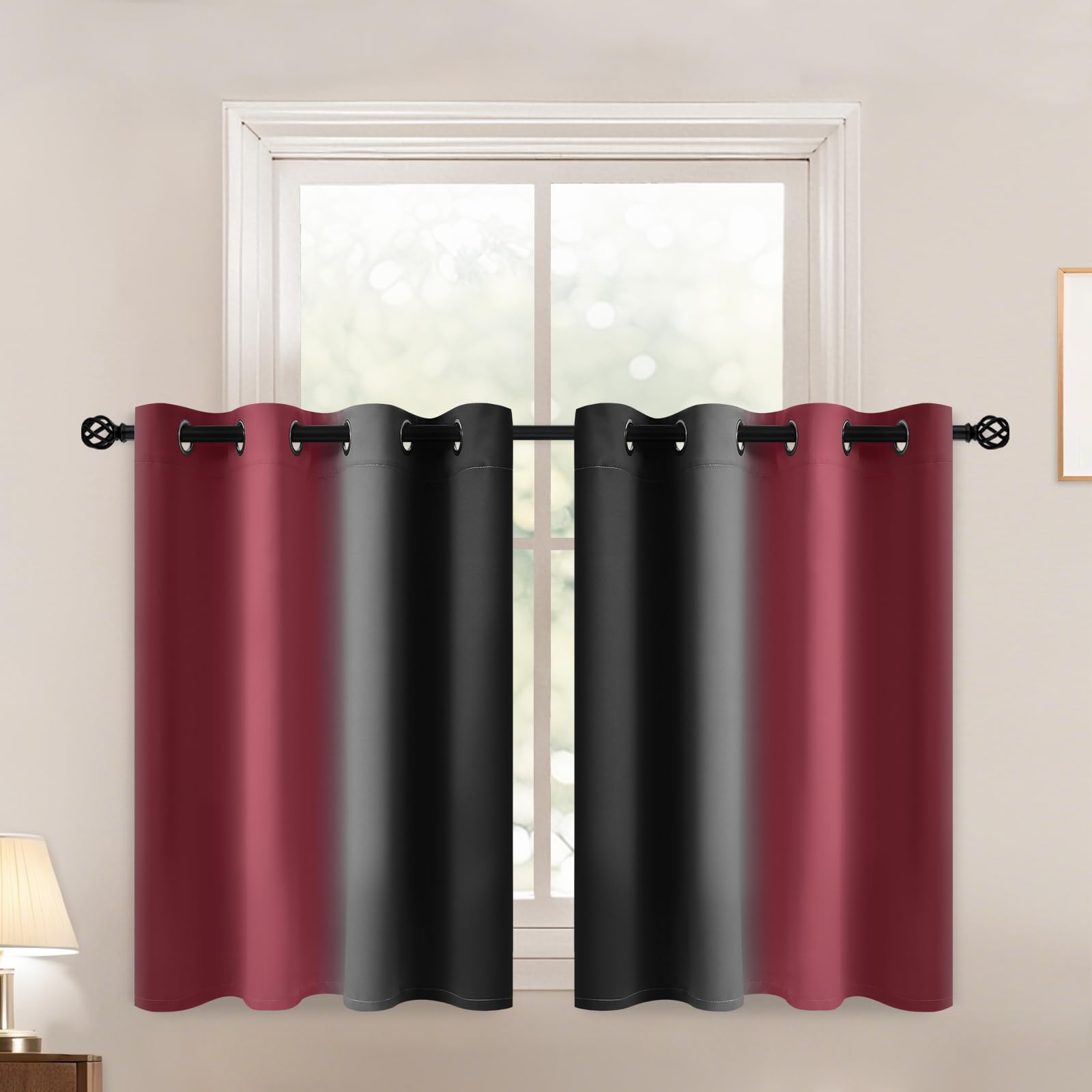 Yakamok Blackout Ombre Burgundy and Black Curtains for Bedroom, Gradient Room Darkening Curtains, Grommet Thermal Insulated Light Blocking Window Drapes/Curtain for Living Room,52 x 36 Inch,2 Panels โ image 1