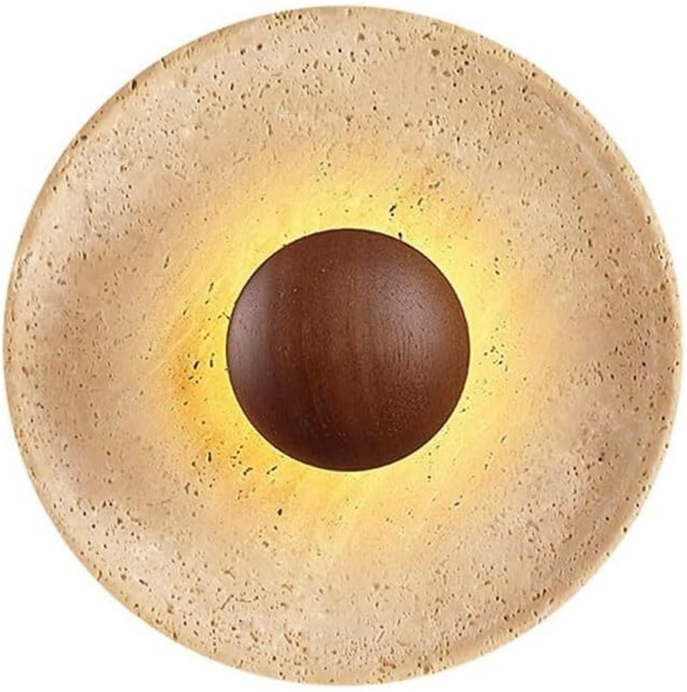 LYOUAE Mid Century Yellow Travertine Wall Sconce Round Natural Stone Wall Light LED Warm Light Wall Mounted Fixture with Walnut Wood Decorative for Bedroom Living Room Hallway