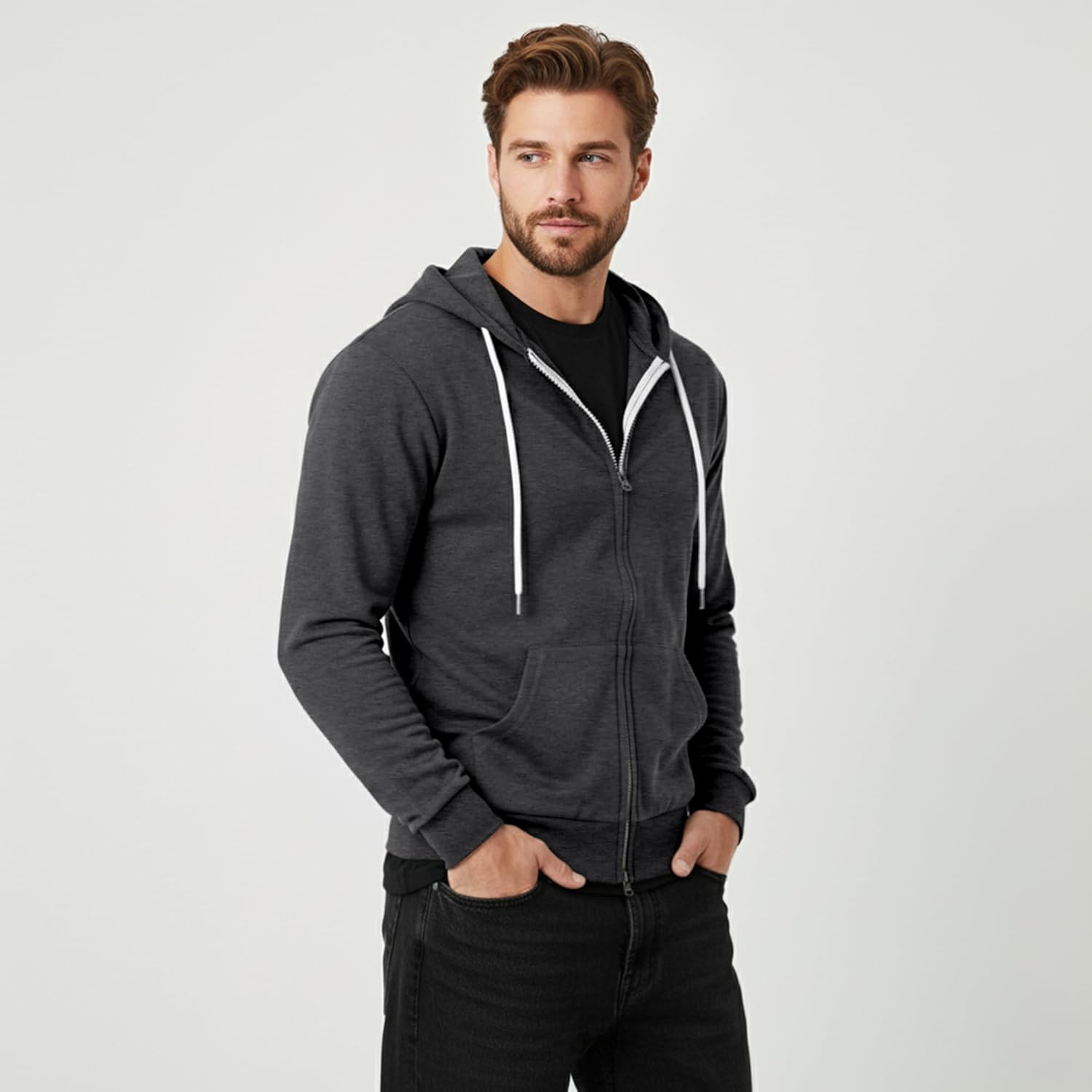 Ohoo Mens Slim Fit Double Slide Zipper Zip Up Hooded Sweatshirt Lightweight Long Sleeve Hoodie Jacket with Kanga Pocket - Image 4