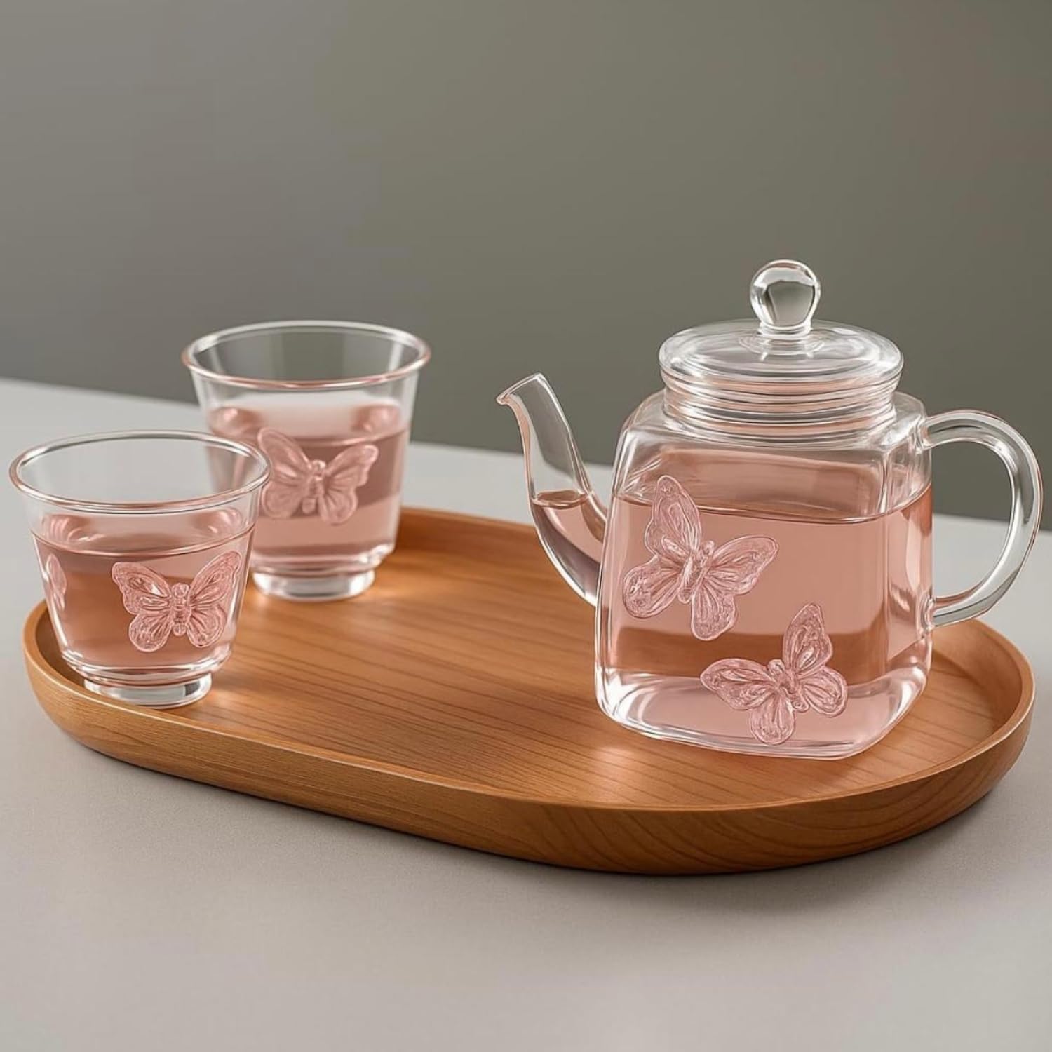 Angich Butterfly Embossed Borosilicate Glass Teapot Set with 2 Cups Elegant Clear Kettle for Tea & Beverages | Heat-Resistant, Lightweight & Stylish Design
