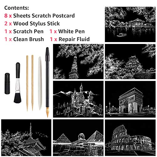 Scratch Art Paper, Rainbow Night View Scratchboard For Adults & Kids, Mini Envelope Postcard Art & Crafts Set: 8 Sheets Scratch Cards & Scratch Drawing Pen, Brush 7.9"X5.5" (Building / Cherry Blossom) #TOP2