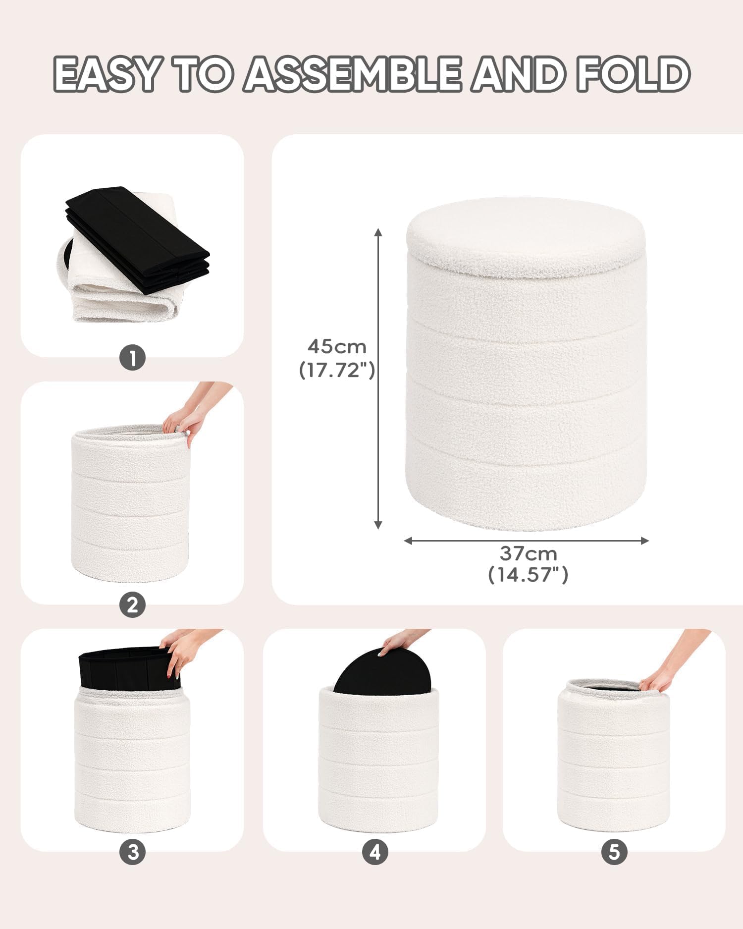 PINPLUS Sgabello Pouf Contenitore, Cassapanca Rotondo Ottomano con Contenitore, Pieghevole Poggiapiedi in Teddy 37x37x45 cm, per Soggiorno, Camera da Letto e Corridoio, Bianco