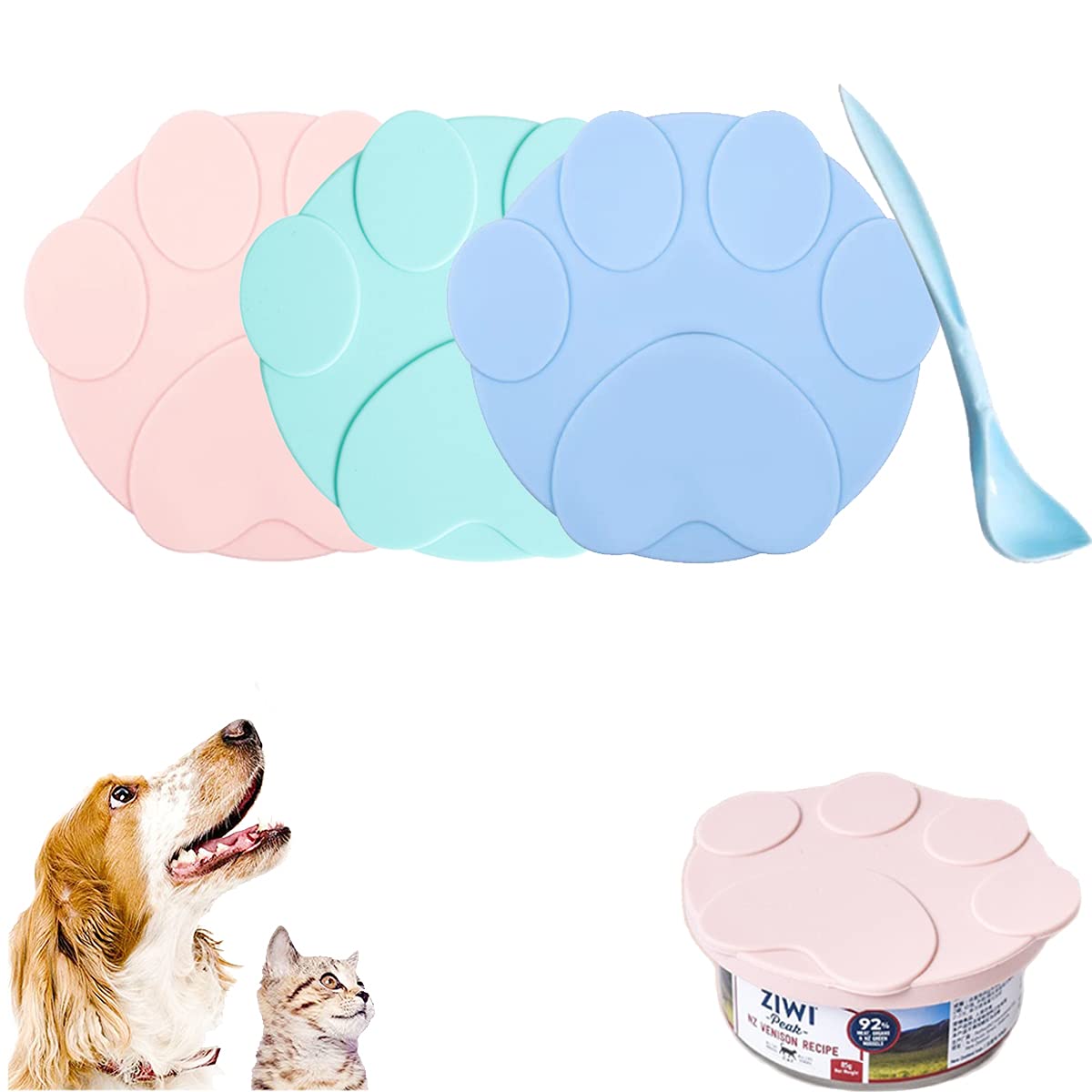 Pet Food Can Lids (Set of 3 + 1 Spoon) - Silicone Covers Fit Most Cat/Dog Can Sizes, Airtight Seal to Keep Food Fresh & Stop Odors, BPA-Free & Dishwasher Safe