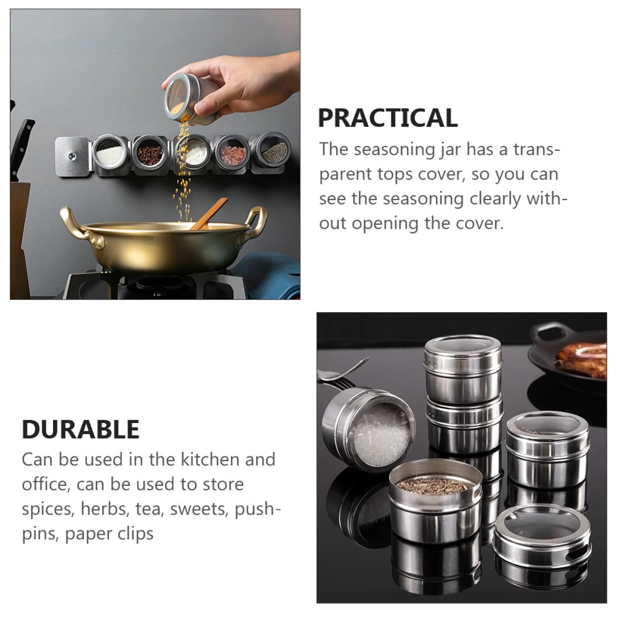 SEWACC Pots à Épices Magnétiques Économise de L'espace Cuisine et Table avec Couvercle Transparent avec en Acier Inoxydable Lot de 8 Design à Double Tamis