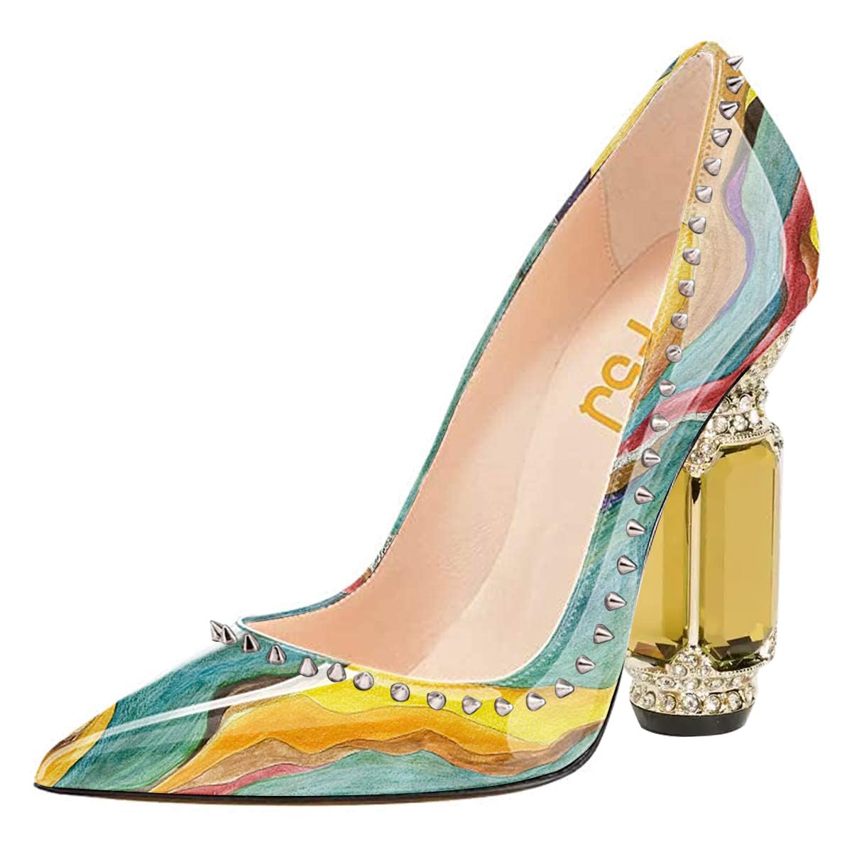 FSJ Women Bridal Pointed Toe Chunky Block High Heel Crystal Pumps Slip on Wedding Thick Comfort Evening Dress Studded Rivets Shoes