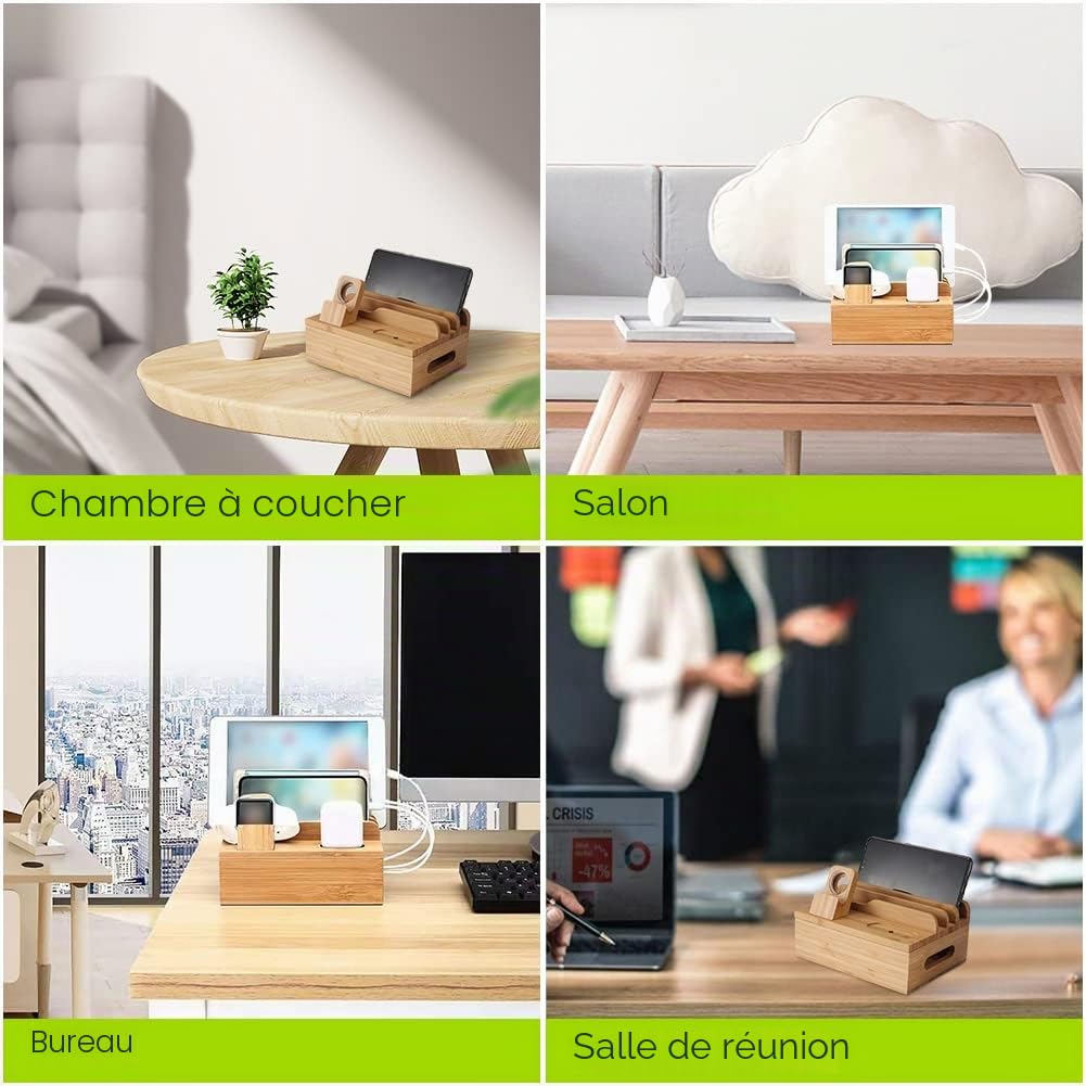 Jenngaoo Station de Charge en Bois pour Téléphone et Tablette | Organisateur de Bureau Multi-appareils avec Gestion des Câbles, compatible Smartphone, Montre, Écouteurs, Bureau, Maison
