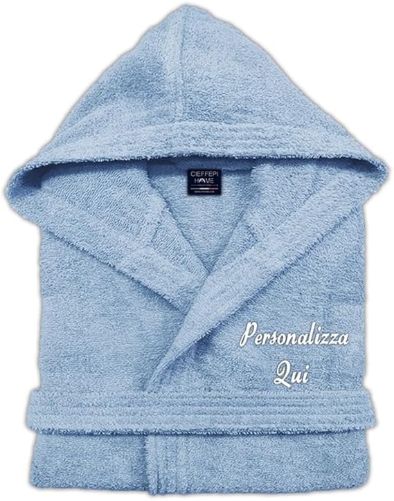 Cieffepi Home Collections Solo mio Basic - Albornoz personalizado unisex para adultos con capucha de rizo de algodón puro, azul celeste, XL