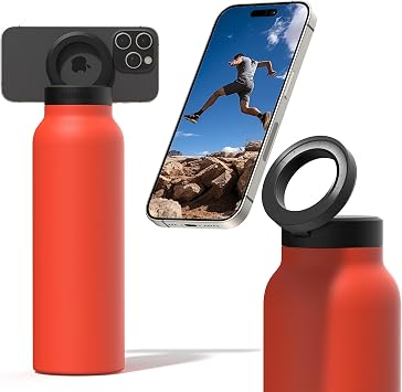 Ringo Insulated Water Bottle | Compatible MagSafe With Phone Holder | Stainless Steel Water Bottle With Magnetic Phone Tripod Mount | Hot for 12H, Cold for 24H, 360 Rotate - Orange 24oz