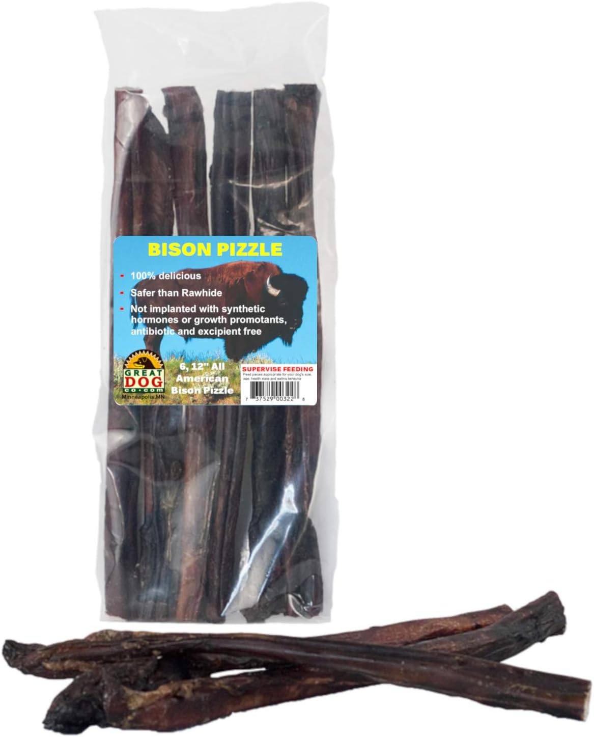 Great Dog Bison Pizzle (Bison Bully Sticks) 6, 12 Inch Sticks - Sourced & Made in USA, Bison Bully Sticks, Bully Sticks, Bison Treats for Dogs,Bison Bully Sticks for Dogs