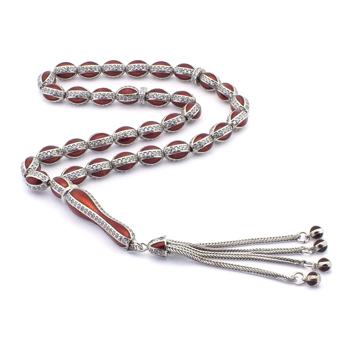 Rosario de oración de plata de ley 925 hecho a mano con esmalte rojo con microcirconita decorada con 33 cuentas, Plata esterlina, Circón