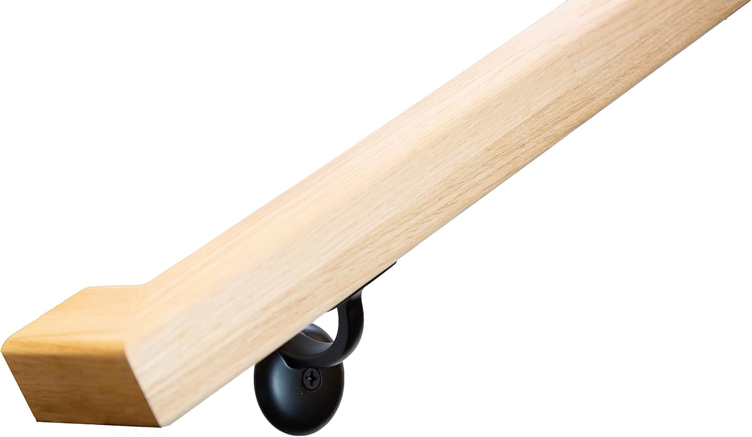 Modern Red Oak Handrail Kit with Wall Returns and Wall Mount Brackets. Rectangular 6002 Profile. Solid and Unfinished Red Oak. (Black)