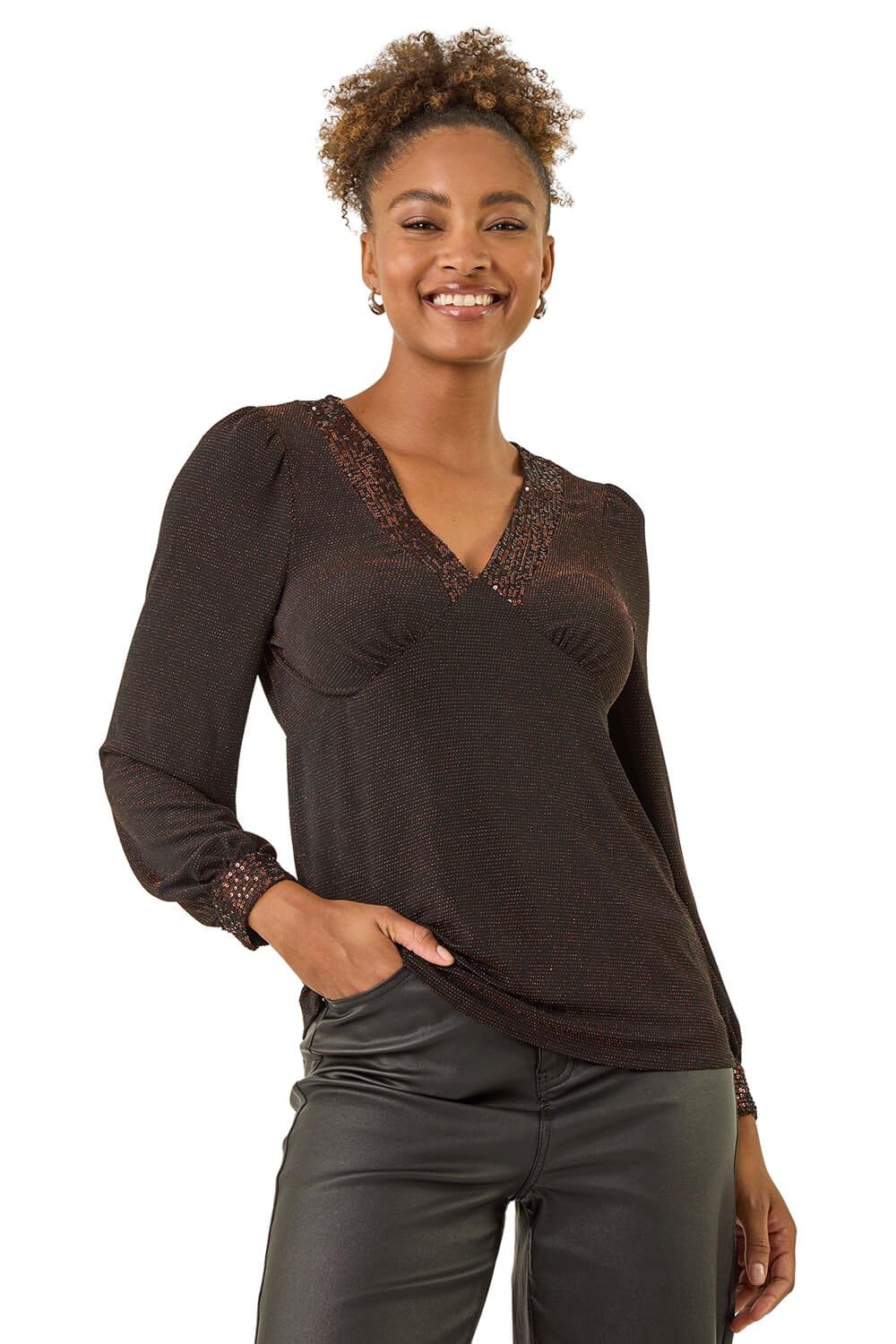 Roman Women's Bronze Brillo Sequin V-Neck Top In Size 14