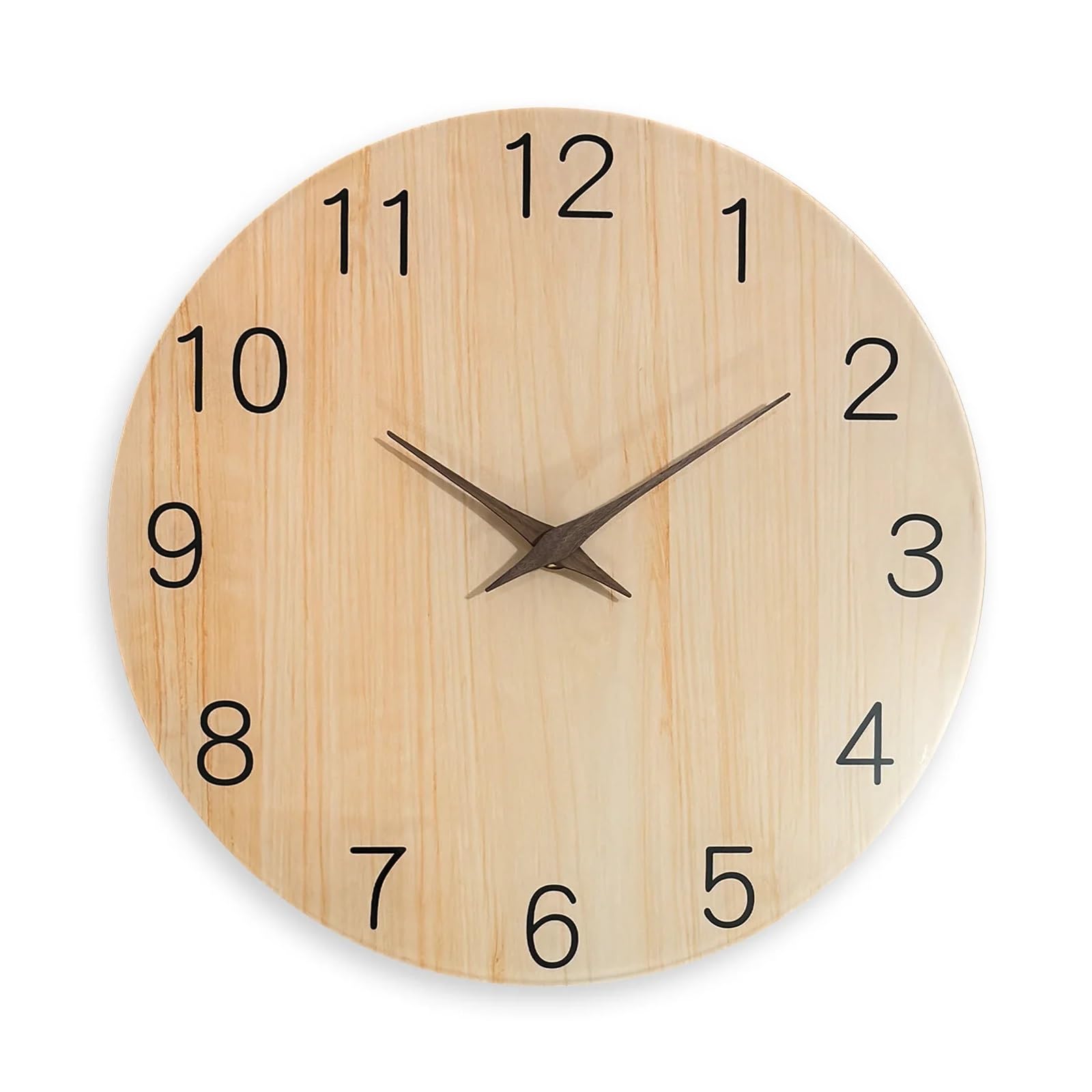 LYXYGMV 12-16inch Tempered Glass Wall Clock, Light Wood Grain Pattern With Solid Hands Design for Living Room Bedroom(16inch)