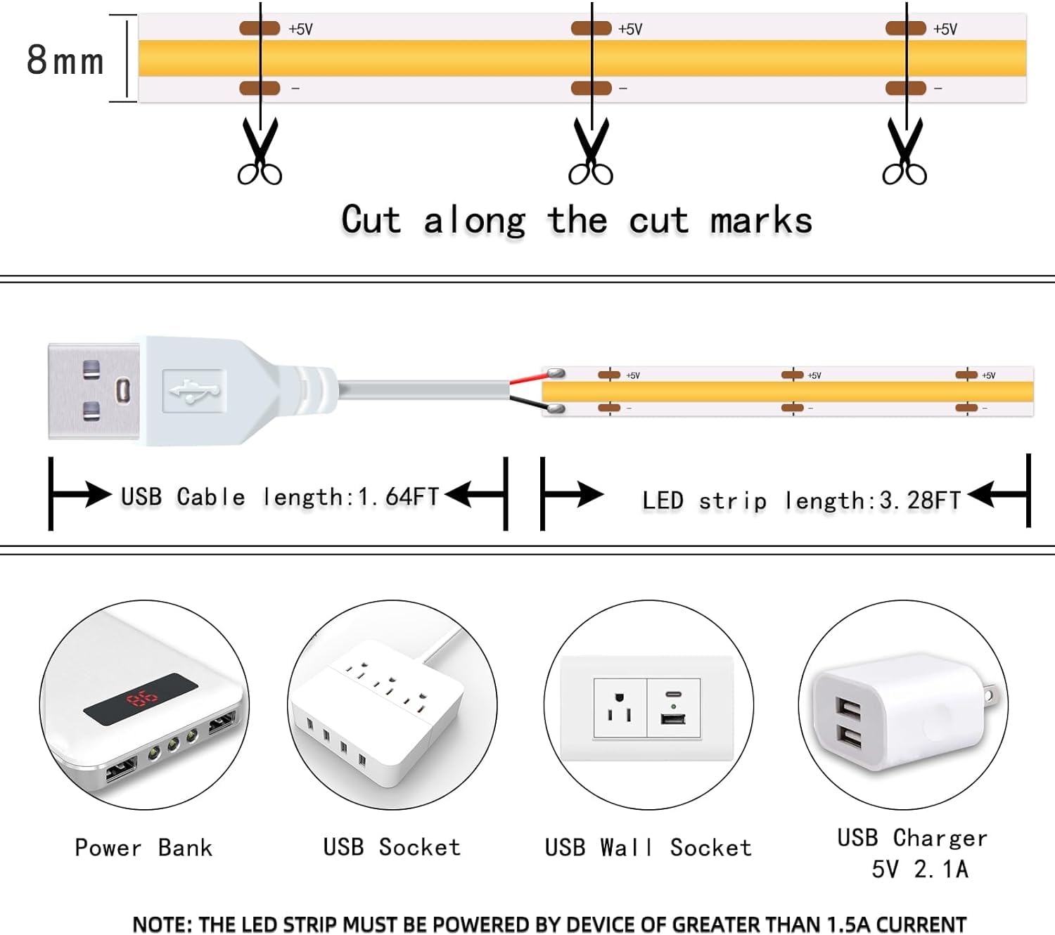 Set di 3 strisce LED COB da 1 m, USB 5 V, 6500 K, bianco brillante, non dimmerabile, per interni, camera da letto, cucina, fai da te, decorazione domestica, vetrina, illuminazione TV