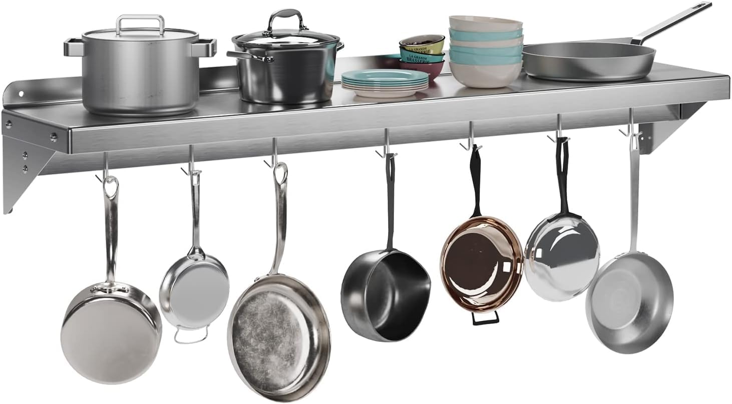 TrailBlaze Stainless Steel Wall Mounted Shelf, 12" x 48" Shelf Pot Rack with Backsplash & 7 Hooks, NSF Certified, Kitchen Metal Organization Storage Rack for Hanging Pots, Pans, Cookware