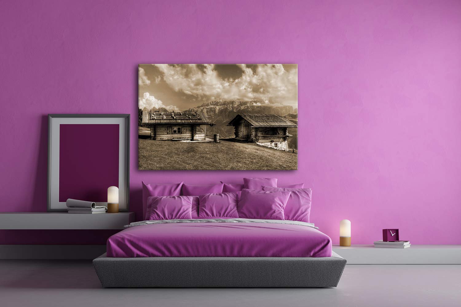 Leinwandbild Alpen Holzhütten – Rückzugsort in den Bergen Format: 100x70 cm Effekt: Sepia XXL Kunstdruck Bild auf Keilrahmen/Wandbild/Wohnzimmer Deko