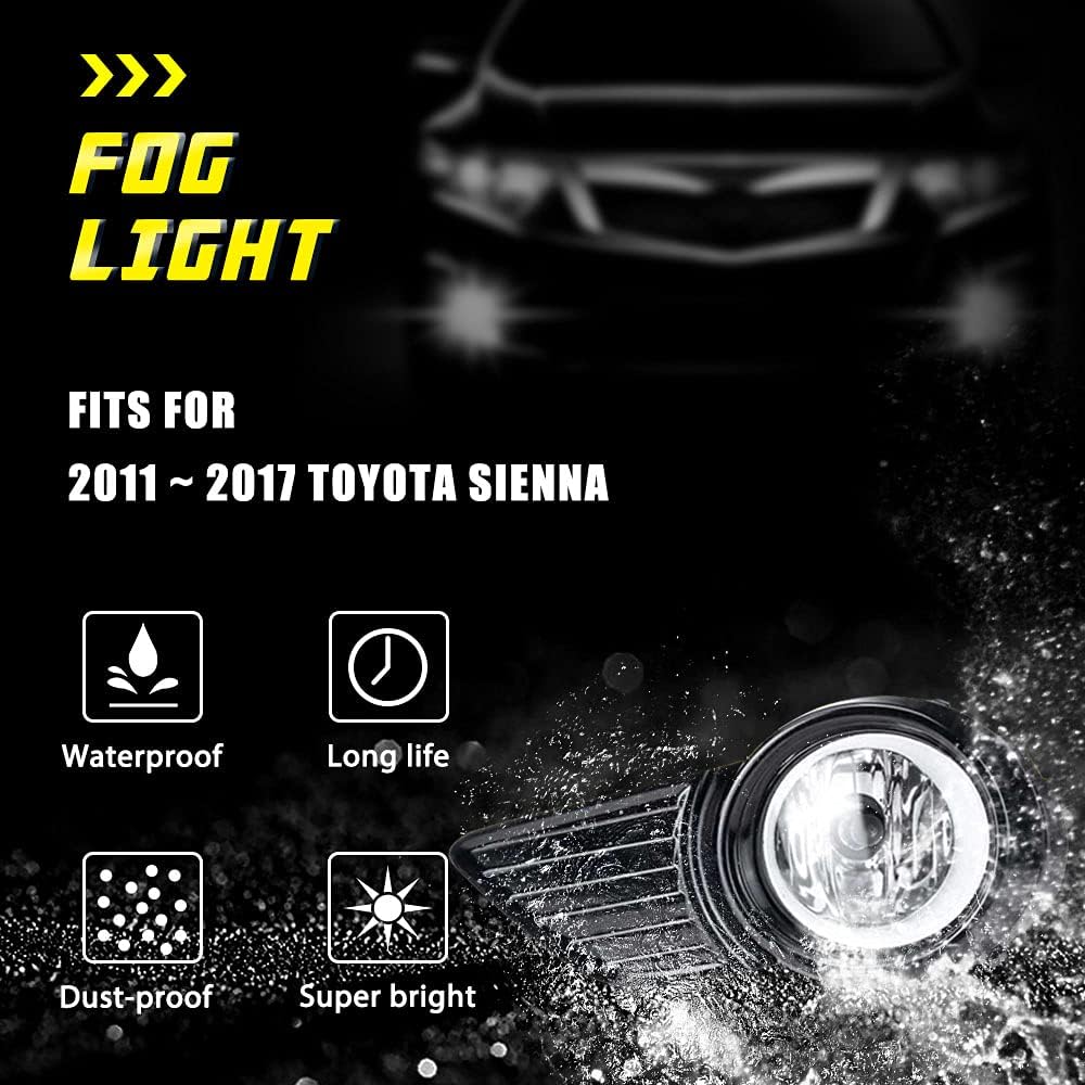Fog Lights Replacement Compatiable with Toyota Sienna 2011 2012 2013 2014 2015 2016 2017 with Bulbs and Wiring Harness for Passenger Driver Side Fog Lamps with Clear Lens