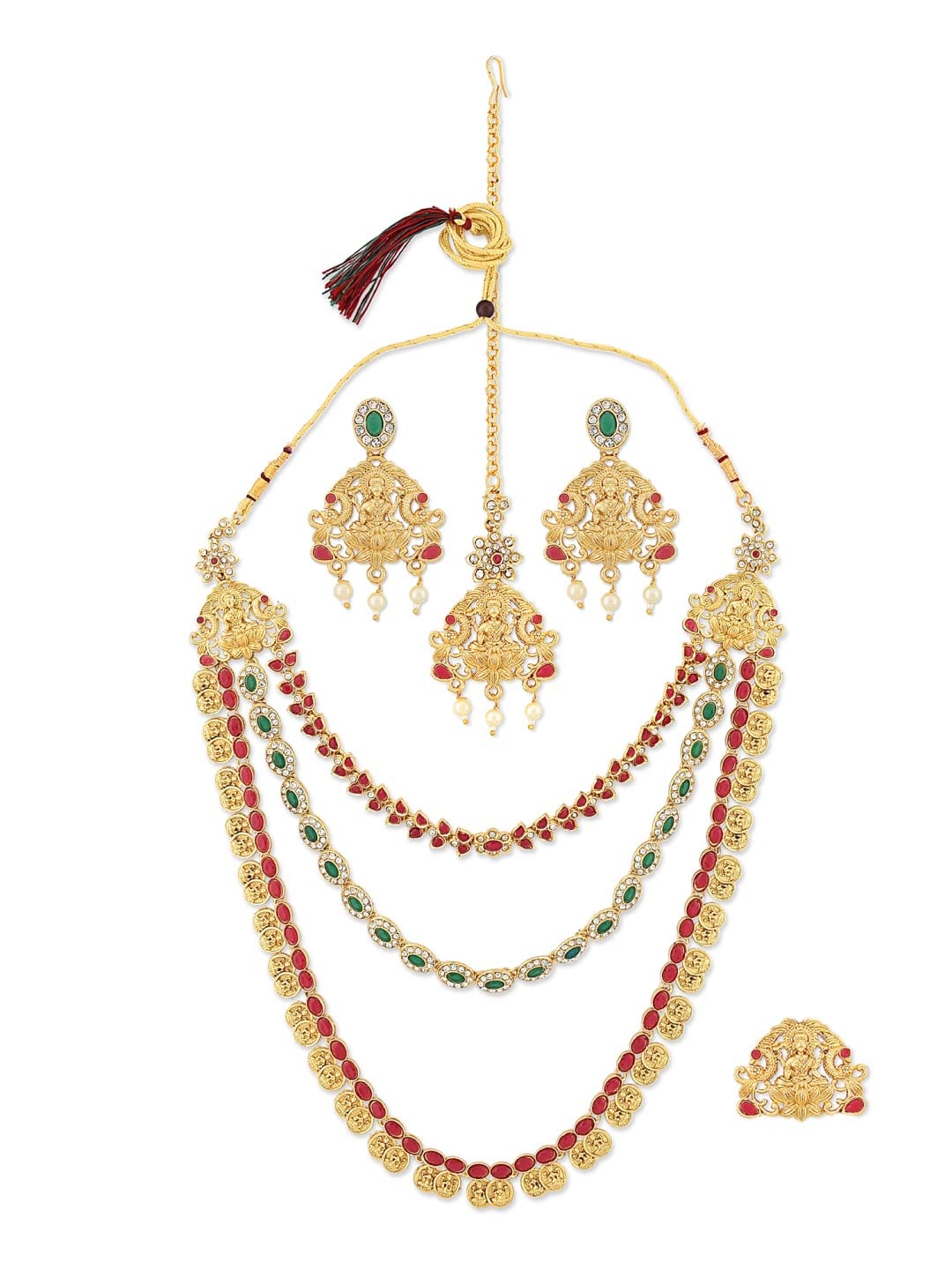 ZAVERI PEARLS Green & Pink South Indian Style Temple Necklace Earring Maangtikka Ring Set For Women-ZPFK11664 (B09Q16SX63) Amazon Price History, Amazon Price Tracker