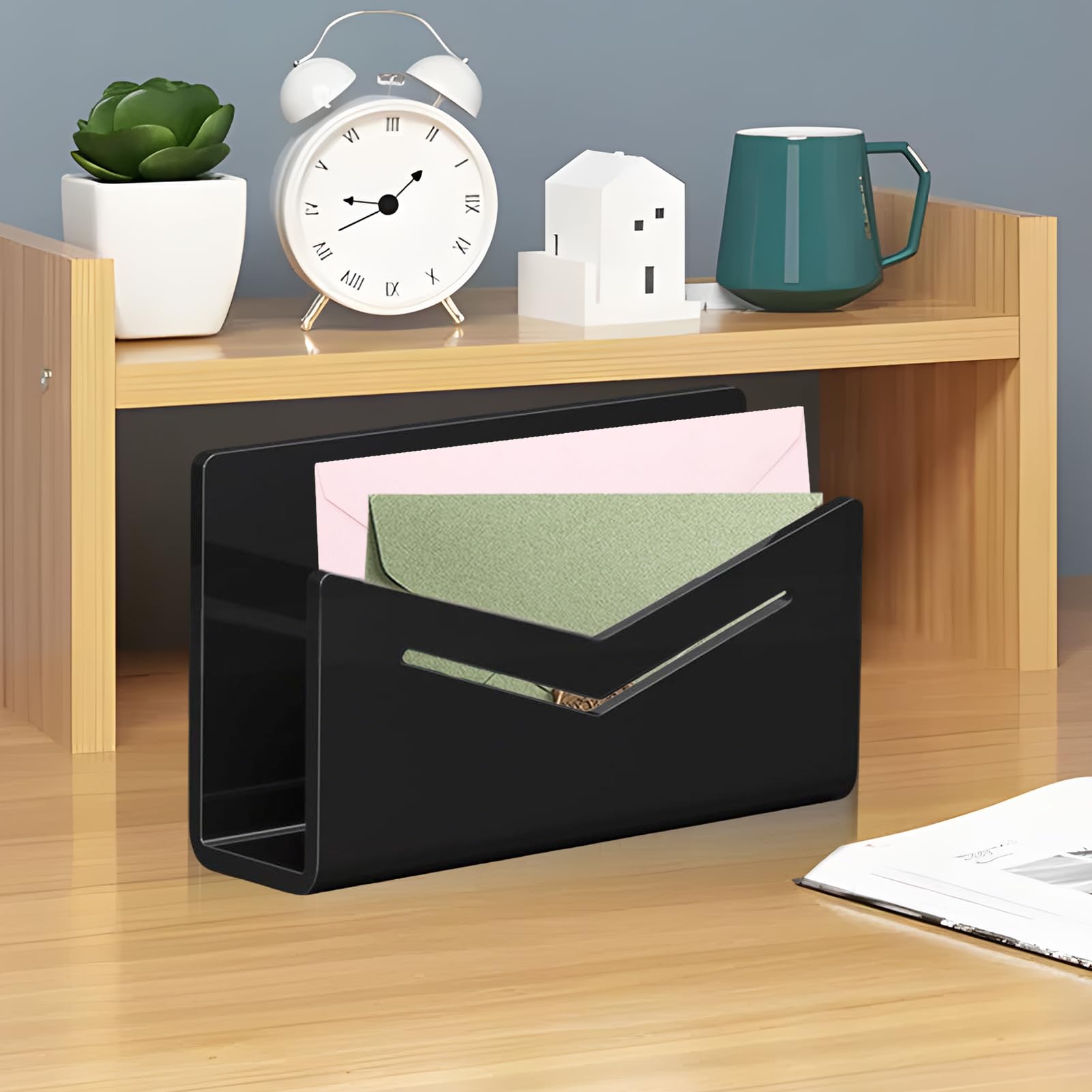 Soporte para correo de escritorio, pequeño soporte acrílico para archivos, estante de almacenamiento de archivos, clasificador de postales para documentos, recibos de papel, cuadernos, aula